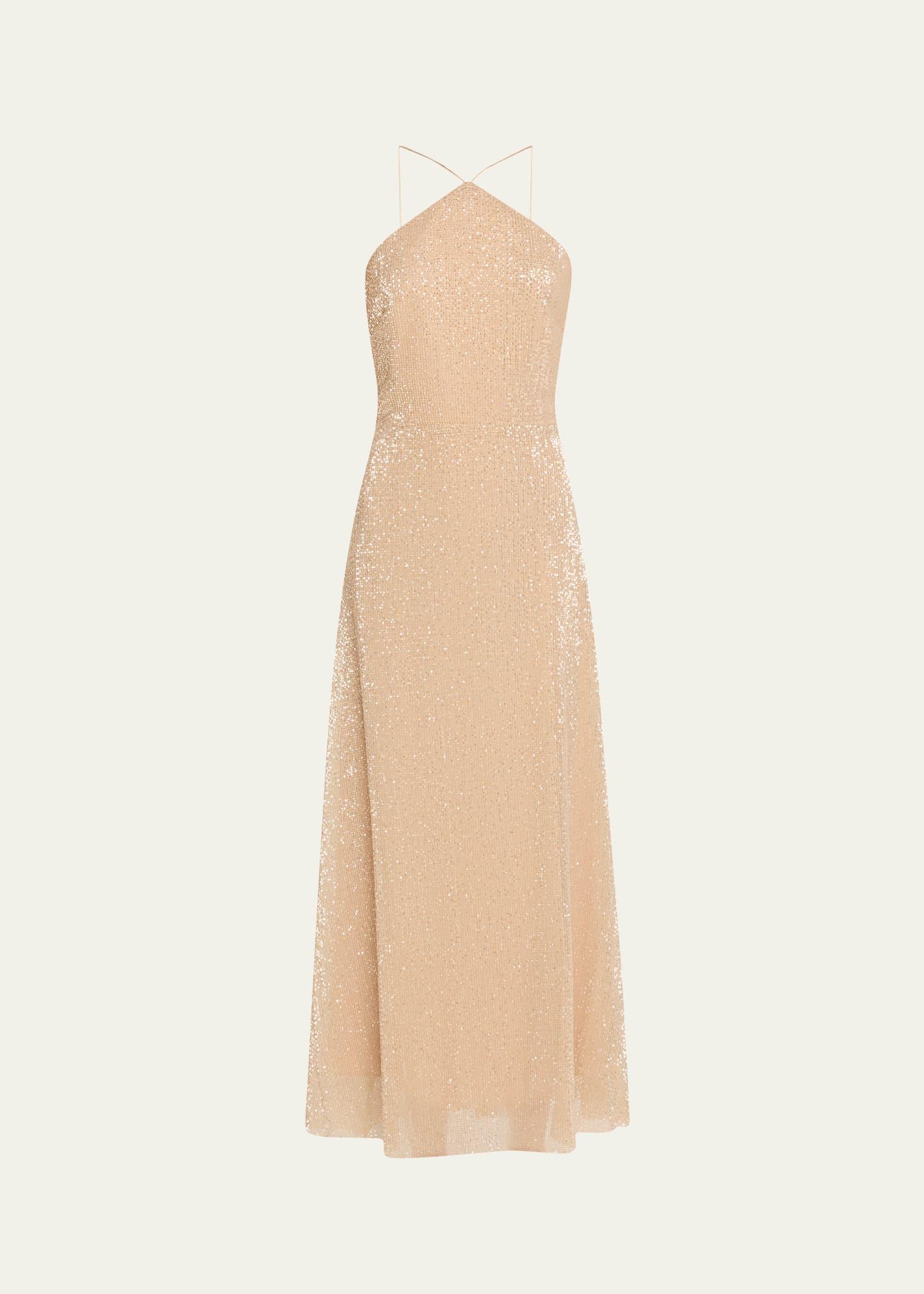 denise sleeveless sequin halter midi dress
