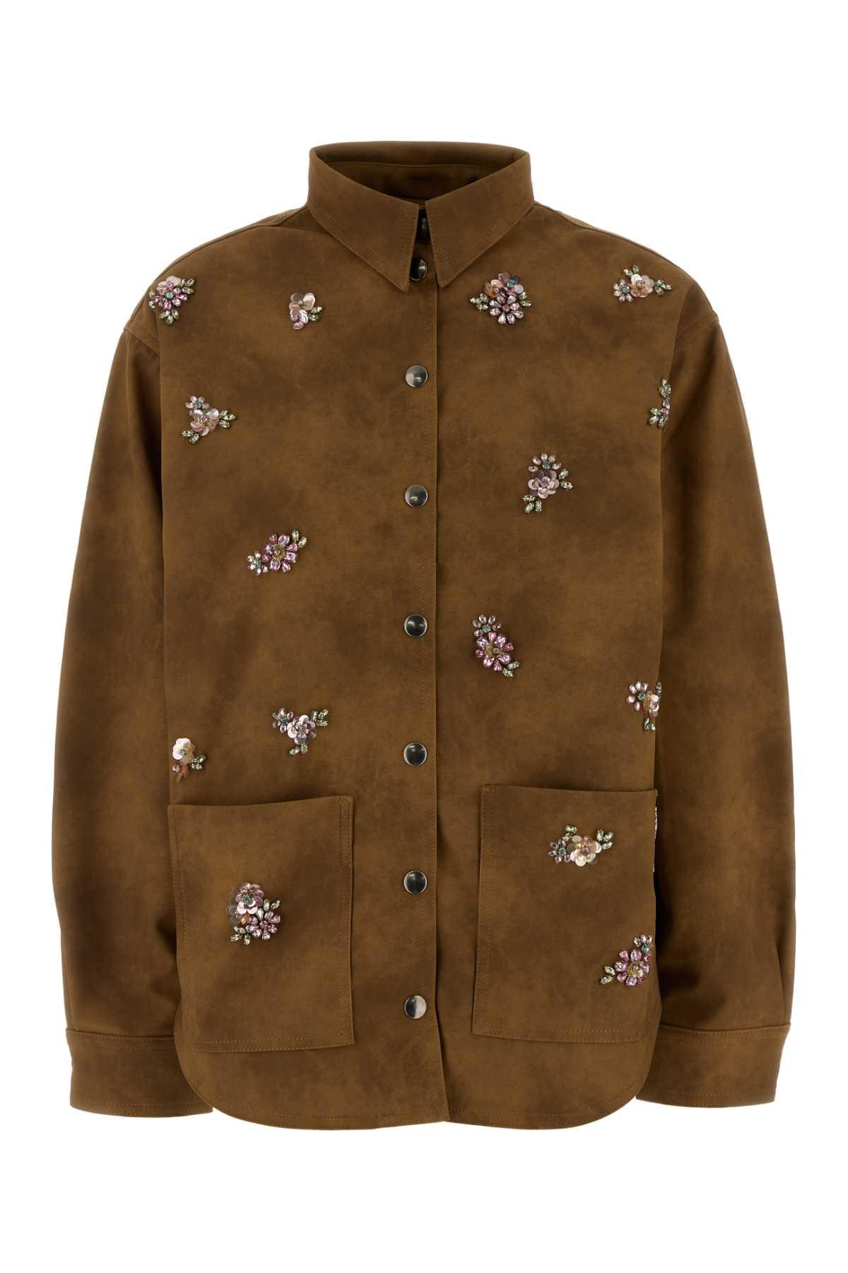 des phemmes camel synthetic leather jacket