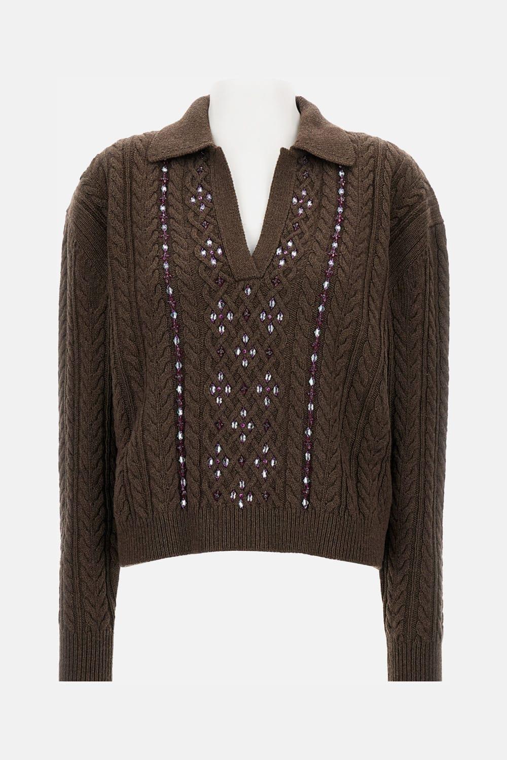 des phemmes embroidered cable knit sweater