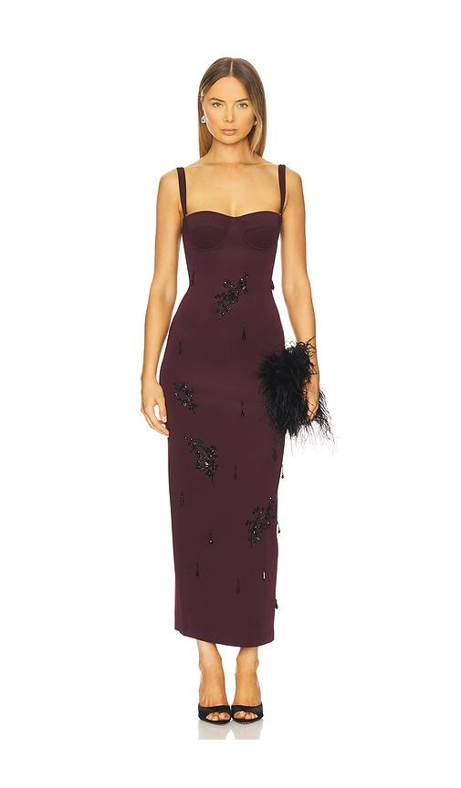 des phemmes long bustier dress in purple.