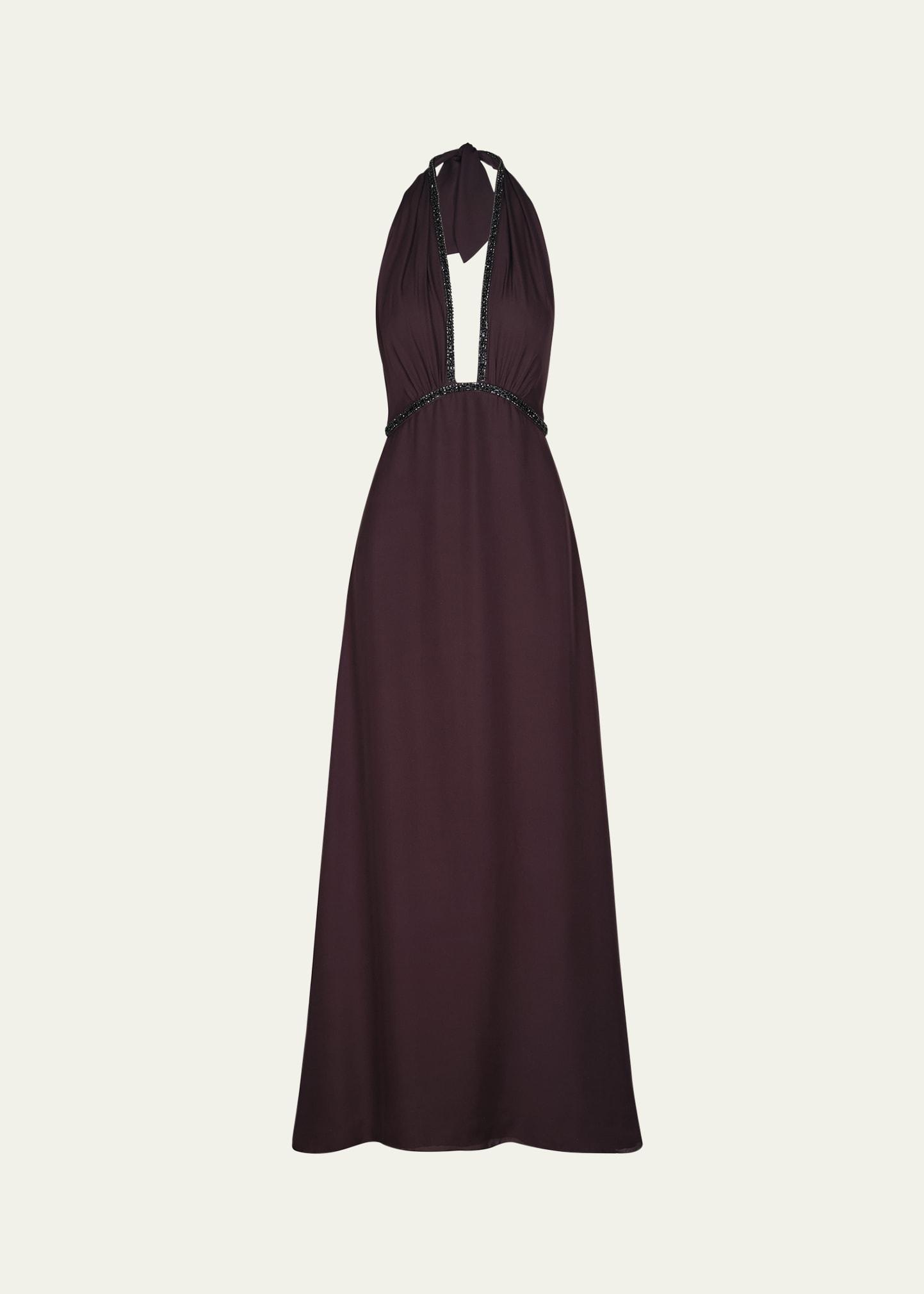 destiny embellished plunging halter maxi dress
