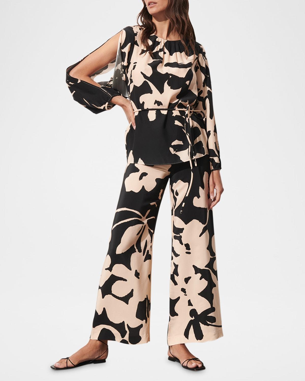 devon floral-print silk straight-leg pull-on pants