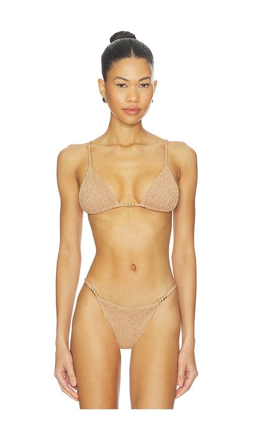 devon windsor zuri bikini top in metallic gold.