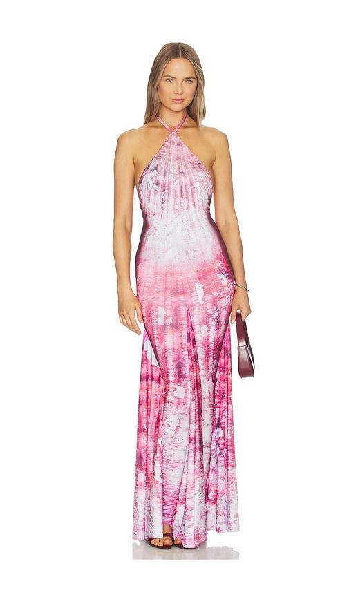 di petsa shell halter neck long dress in pink.