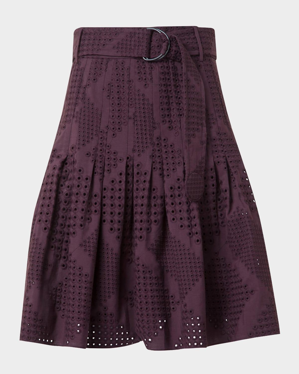 diamond eyelet cotton poplin belted flare skirt