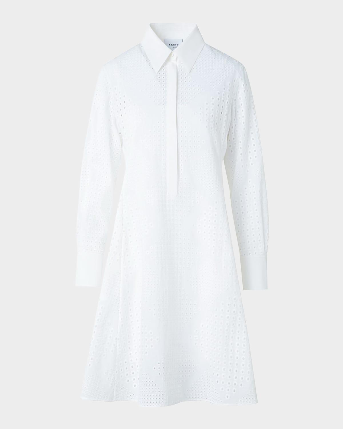 diamond eyelet poplin long-sleeve mini shirtdress
