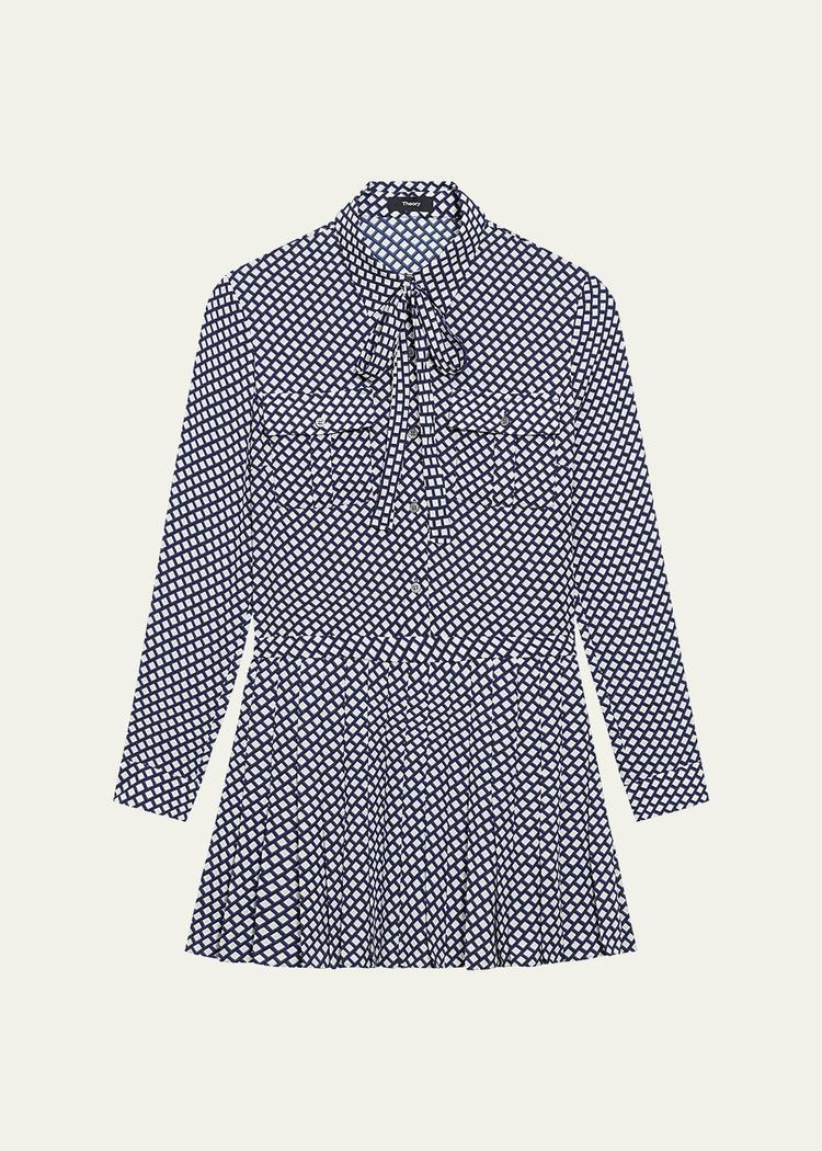 diamond printed pleated neck-tie mini dress