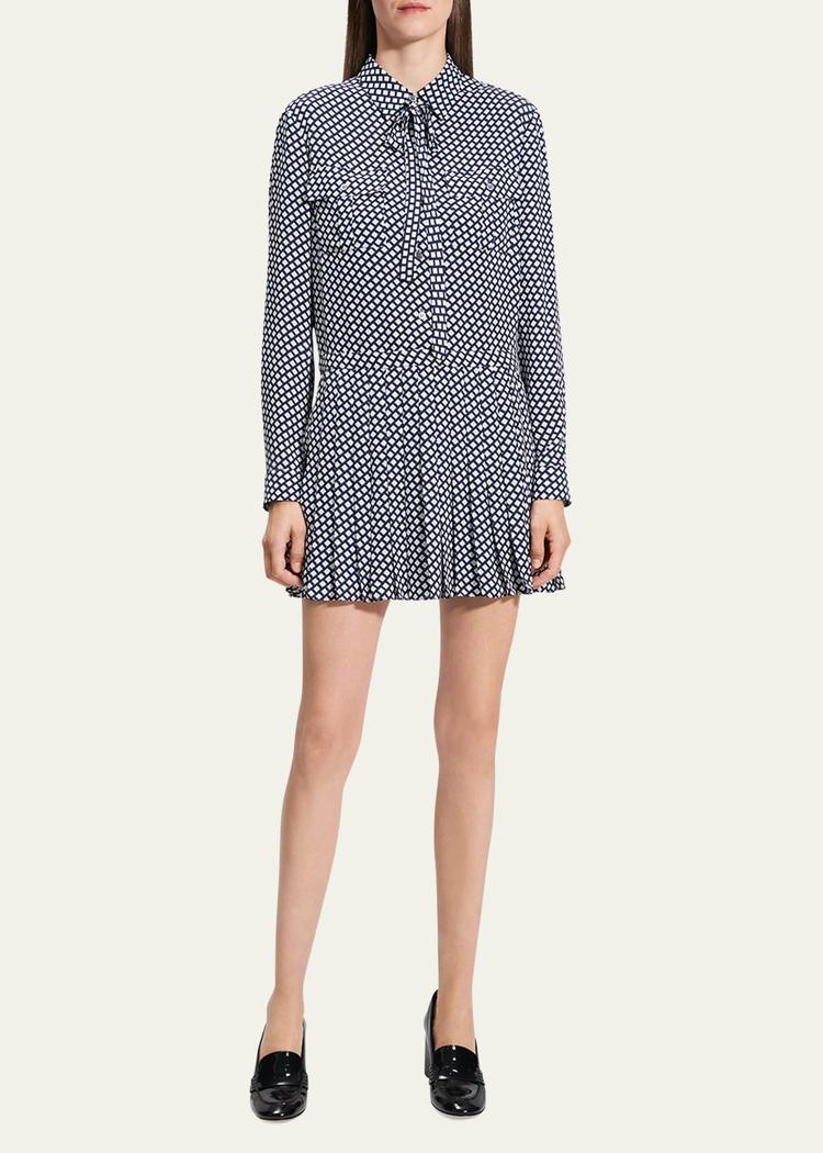 diamond printed pleated neck-tie mini dress