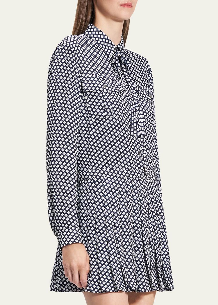 diamond printed pleated neck-tie mini dress
