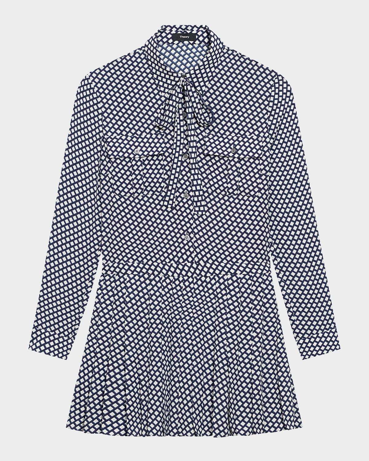 diamond printed pleated neck-tie mini dress