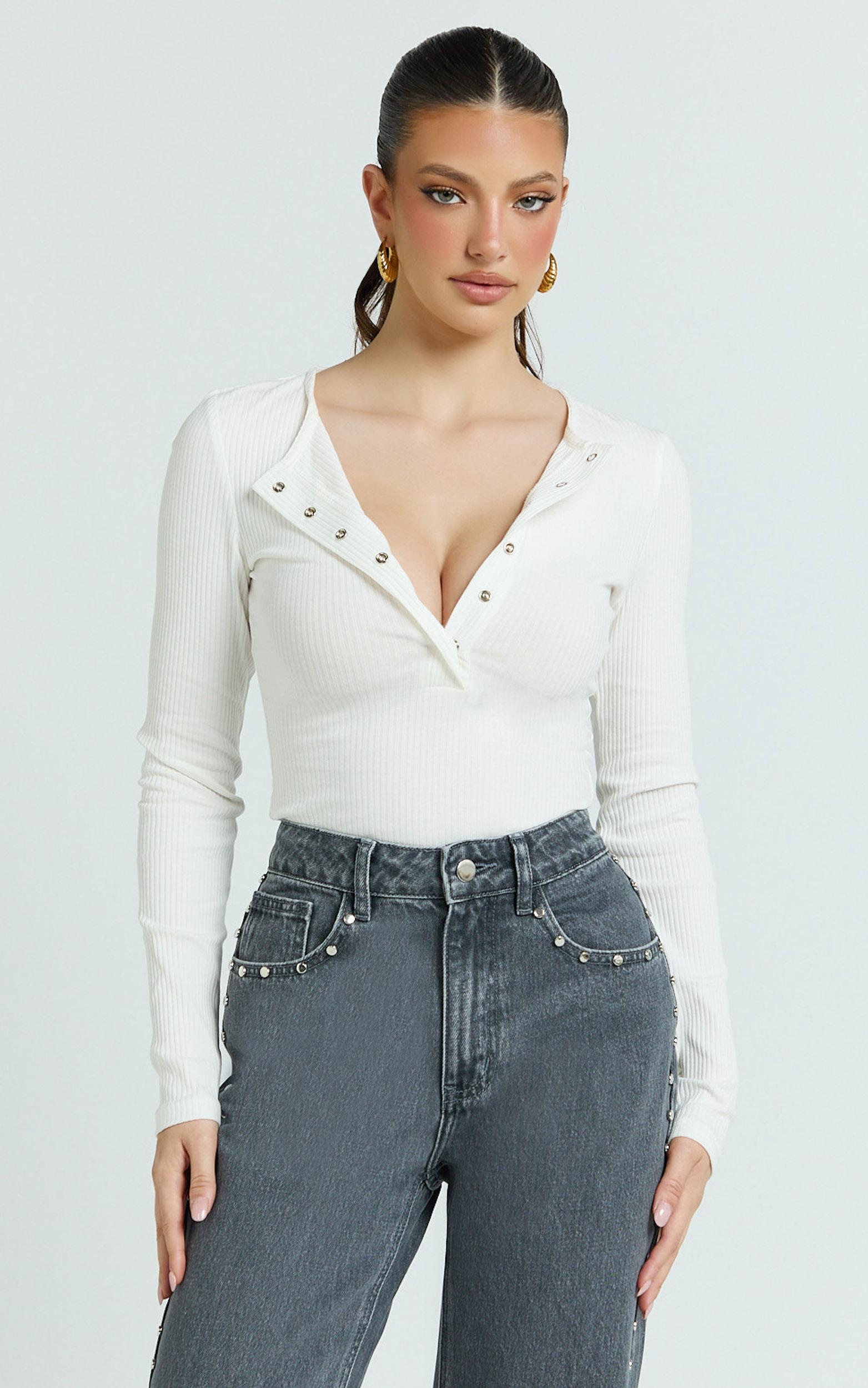 diana top - long sleeve cropped henley top in white