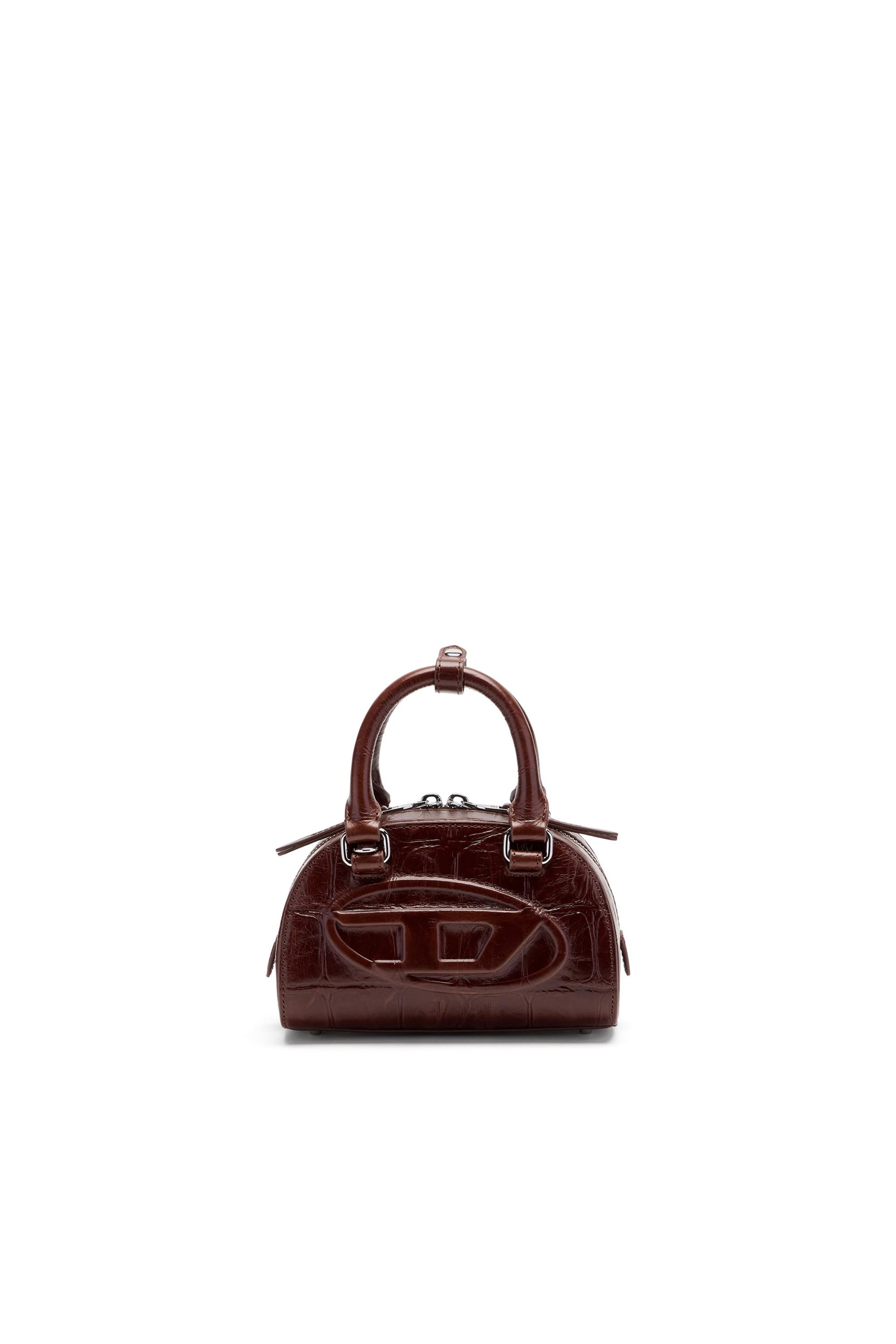 diesel - 1dr dome-mini bowling bag in croc-effect leather - crossbody bags - woman - brown