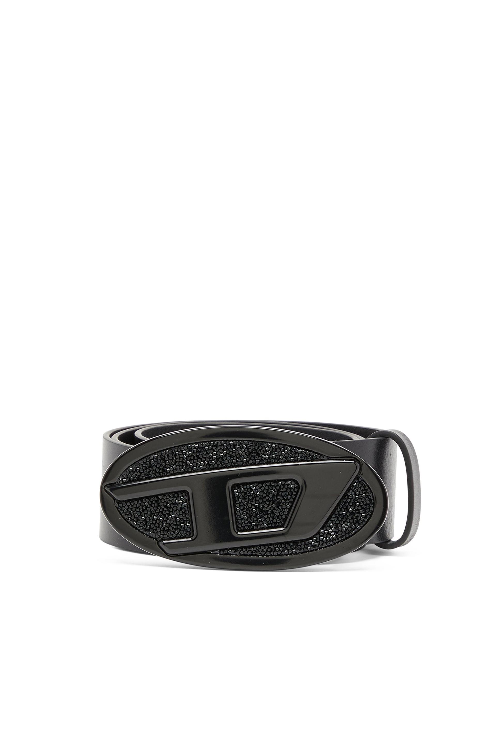 diesel - 4cm leather belt with rhinestone oval d buckle - belts - woman - black