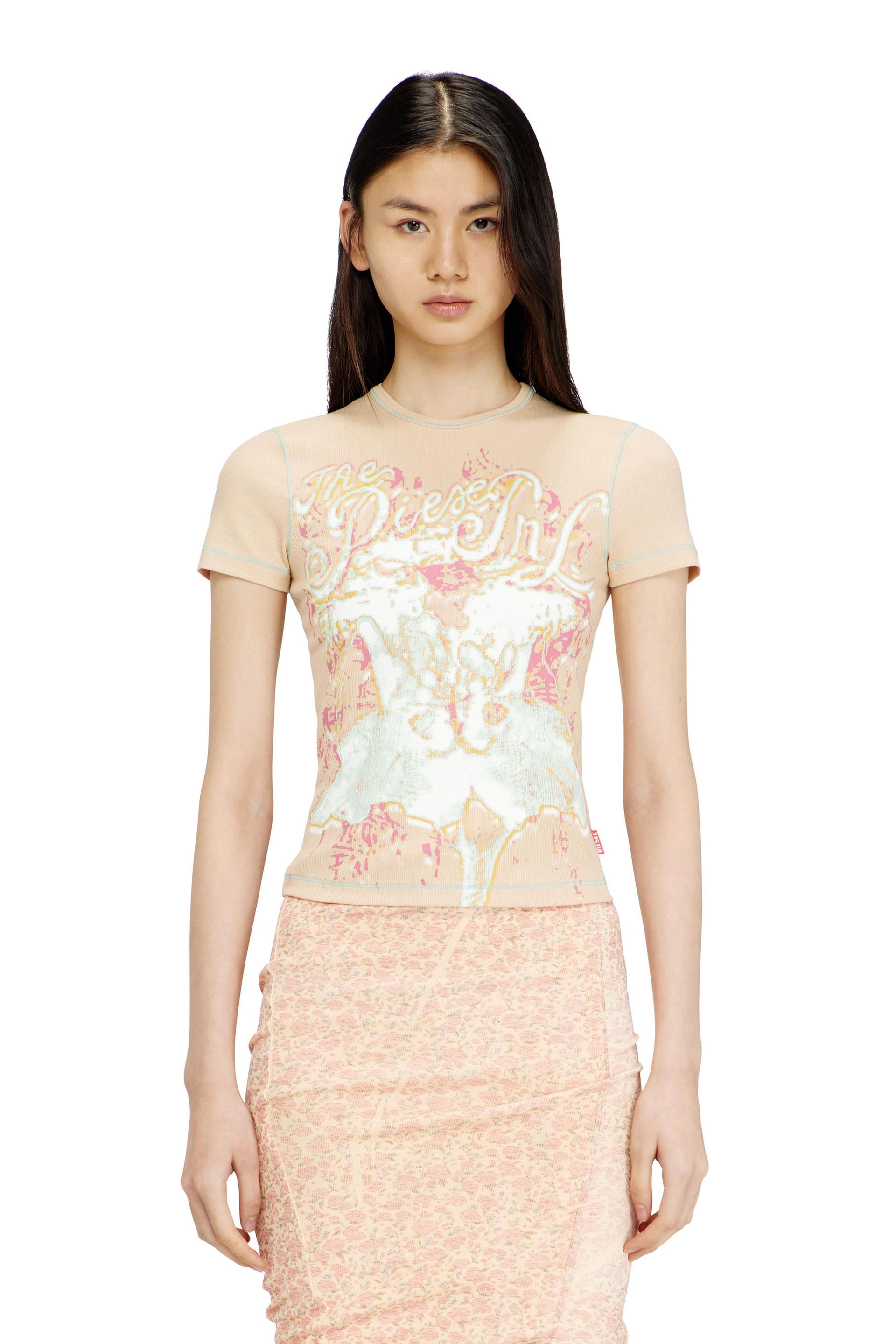 diesel - animalier-print t-shirt in rib stretch jersey - t-shirts - woman - pink