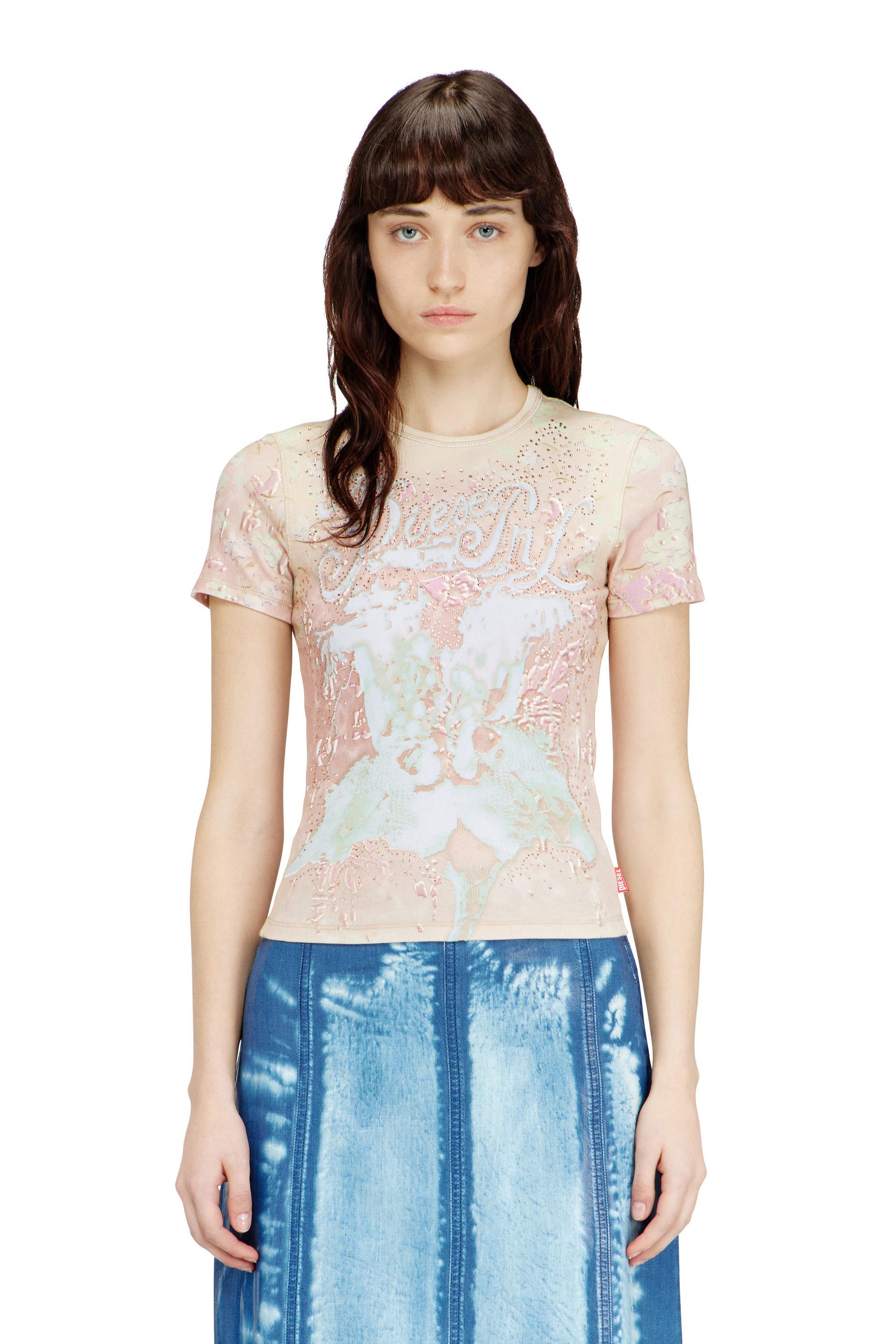 diesel - animalier-print t-shirt with crystals - t-shirts - woman - pink