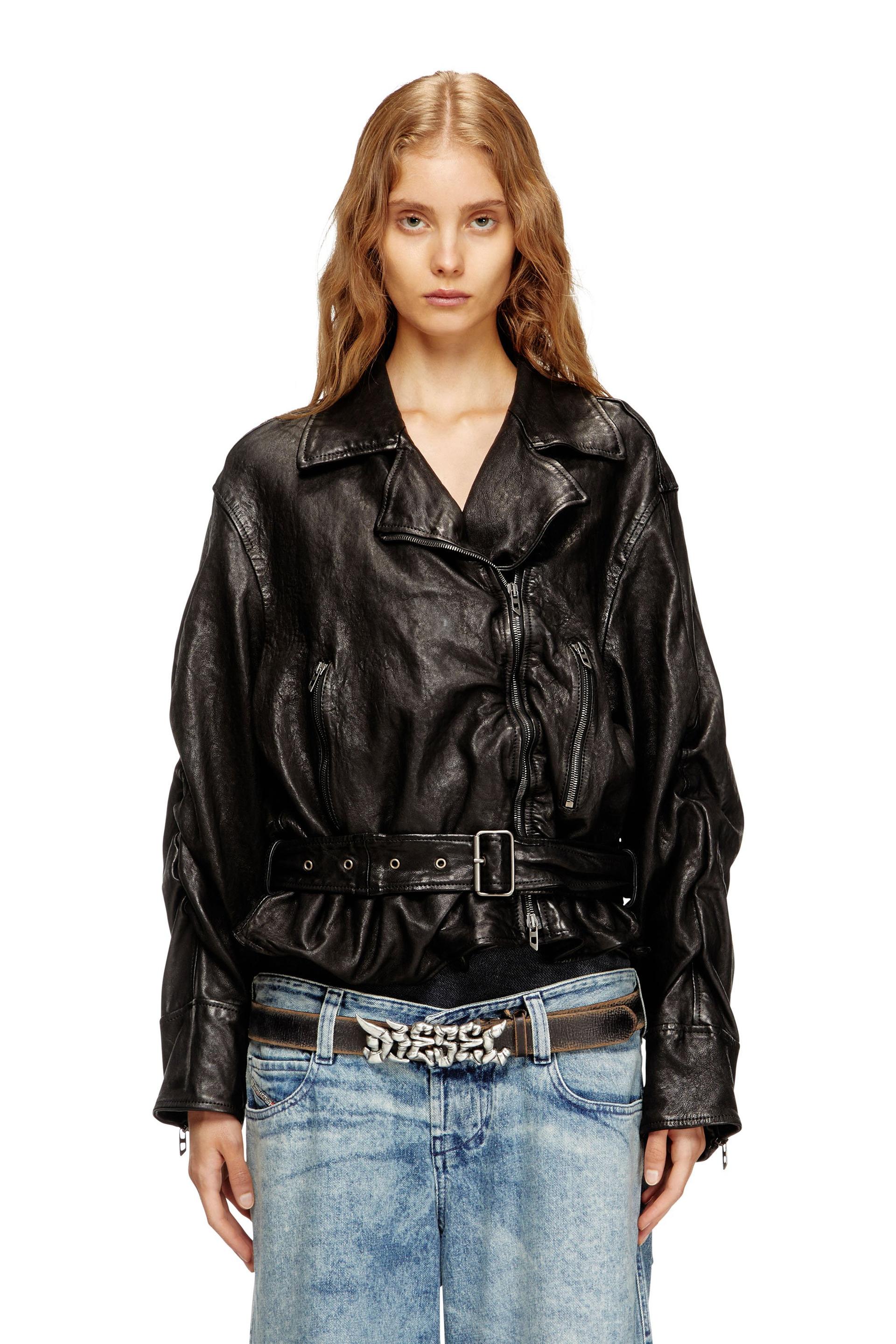 diesel - belted jacket in boiled leather - leather jackets - woman - black
