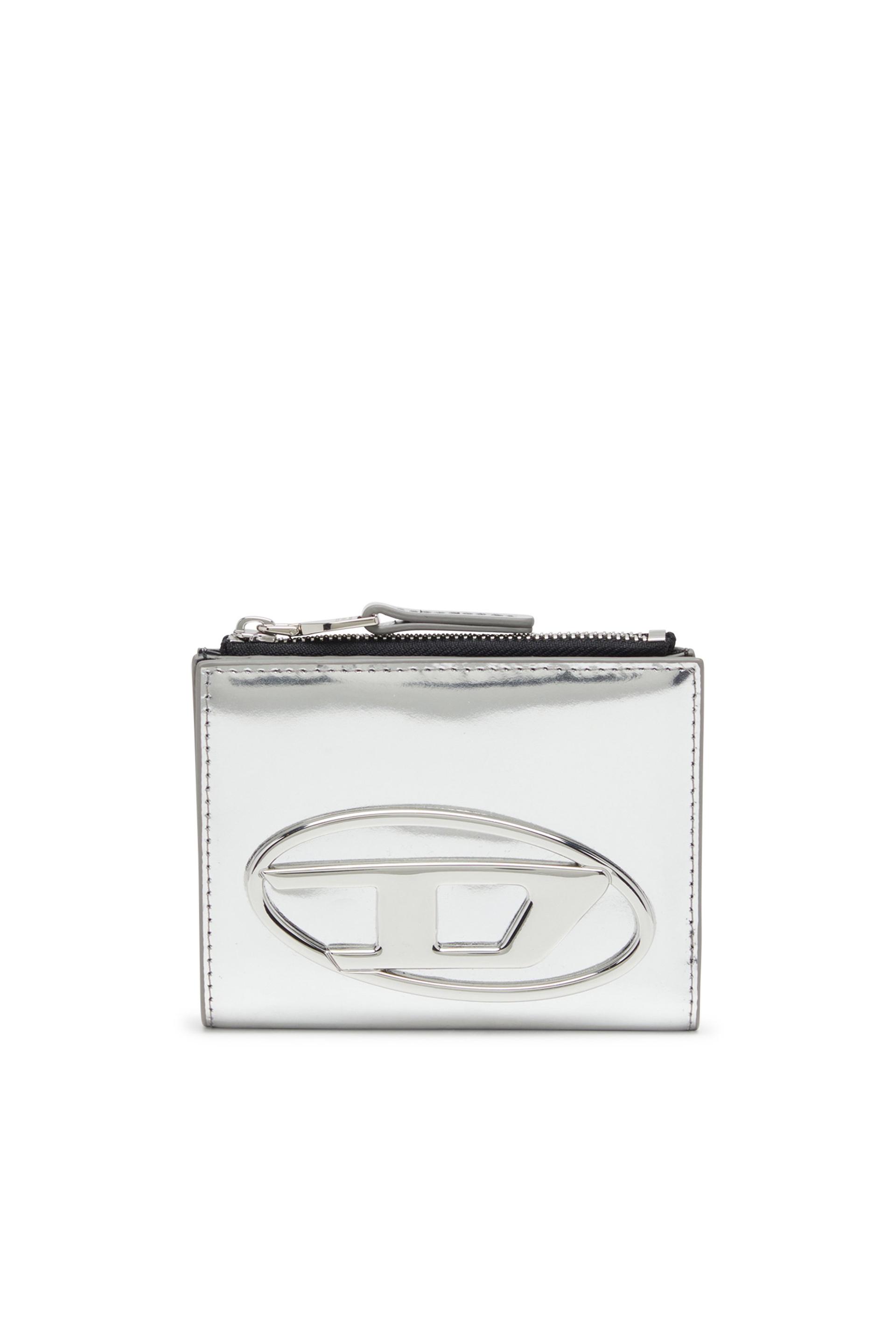 diesel - bi-fold leather wallet with oval d logo - small wallets - woman - silver