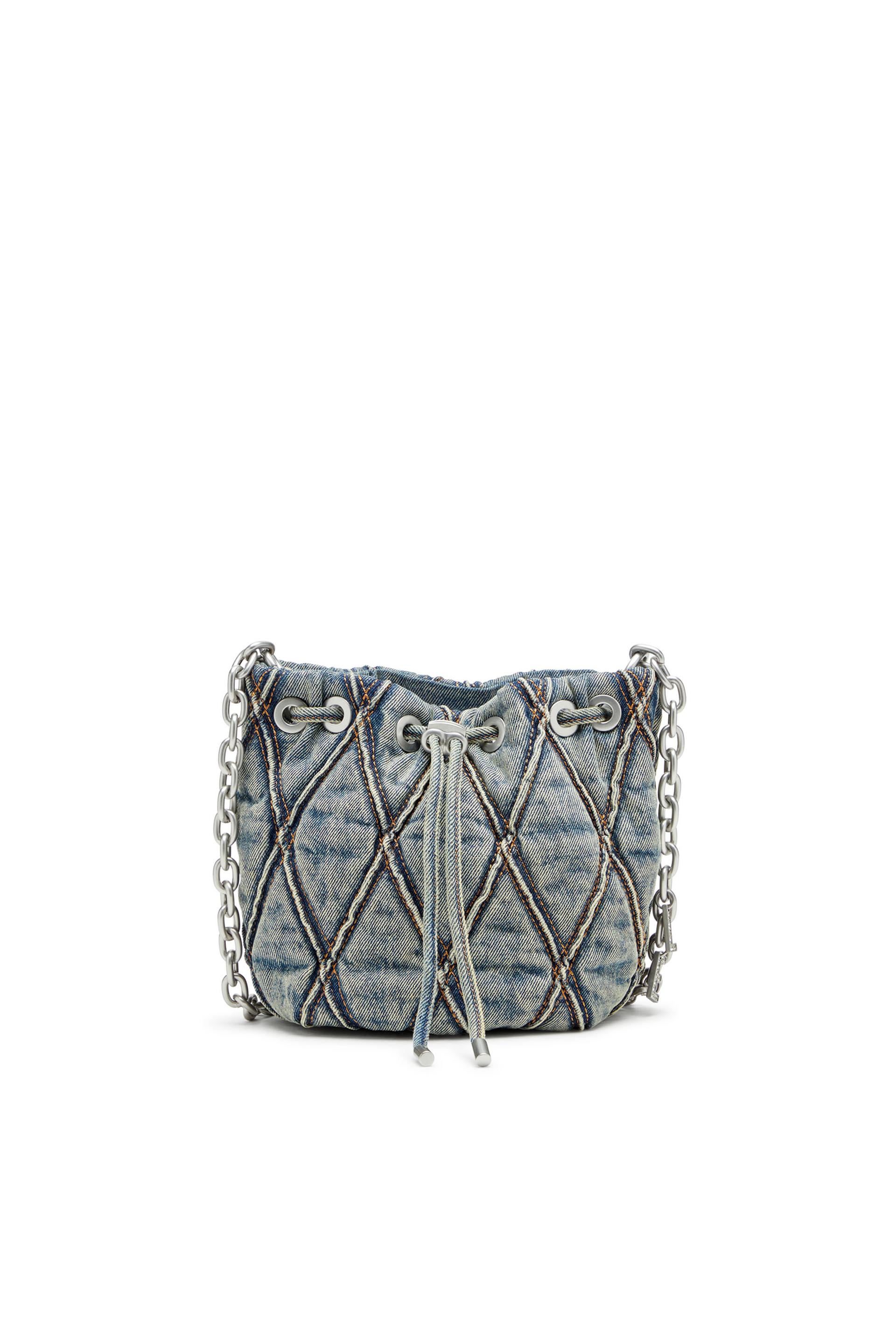 diesel - charm-d s-mini bucket bag in argyle quilted denim - shoulder bags - woman - blue