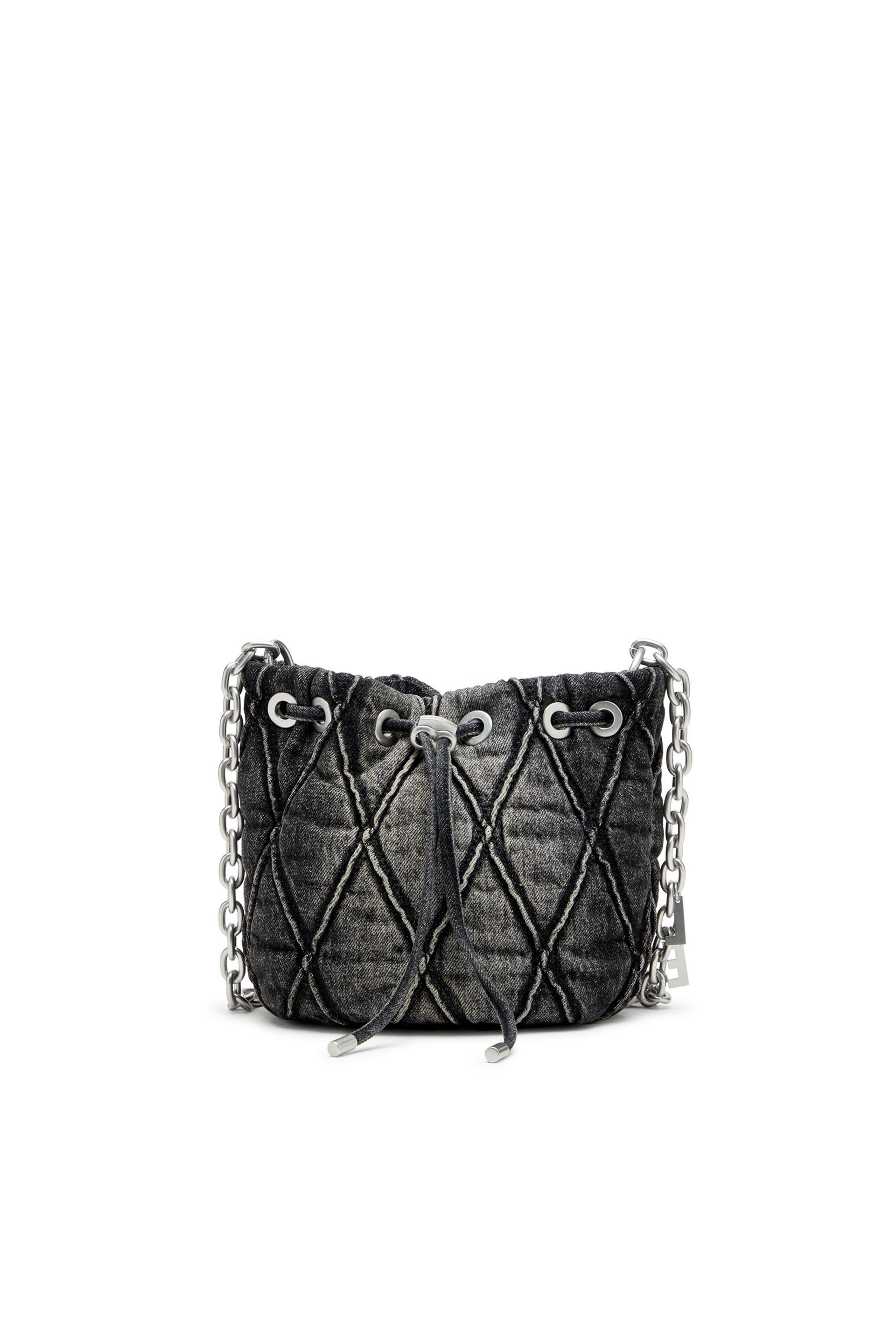 diesel - charm-d s-mini bucket bag in treated quilted denim - shoulder bags - woman - black