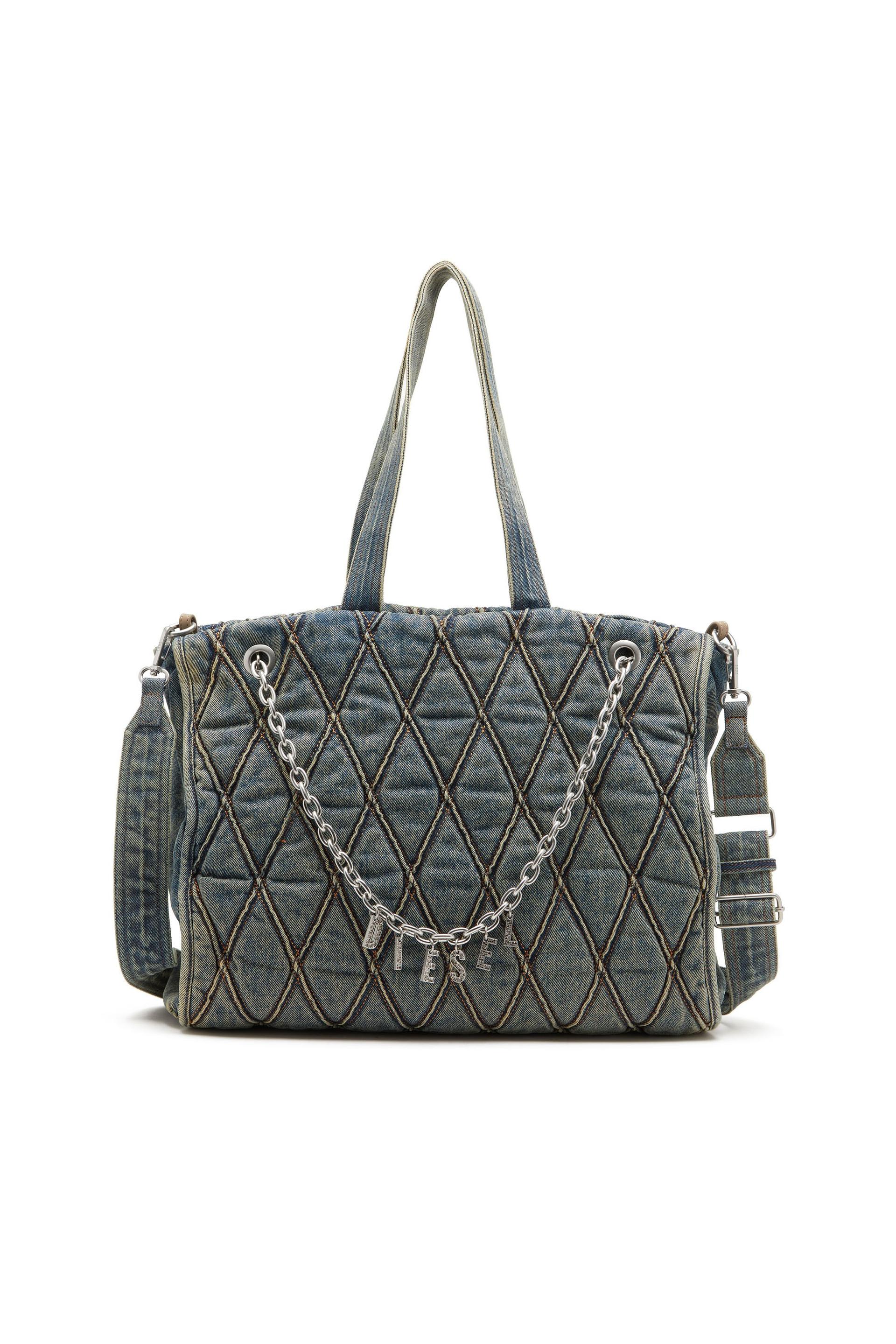 diesel - charm-d-tote bag in argyle quilted denim - shopping bags - woman - blue