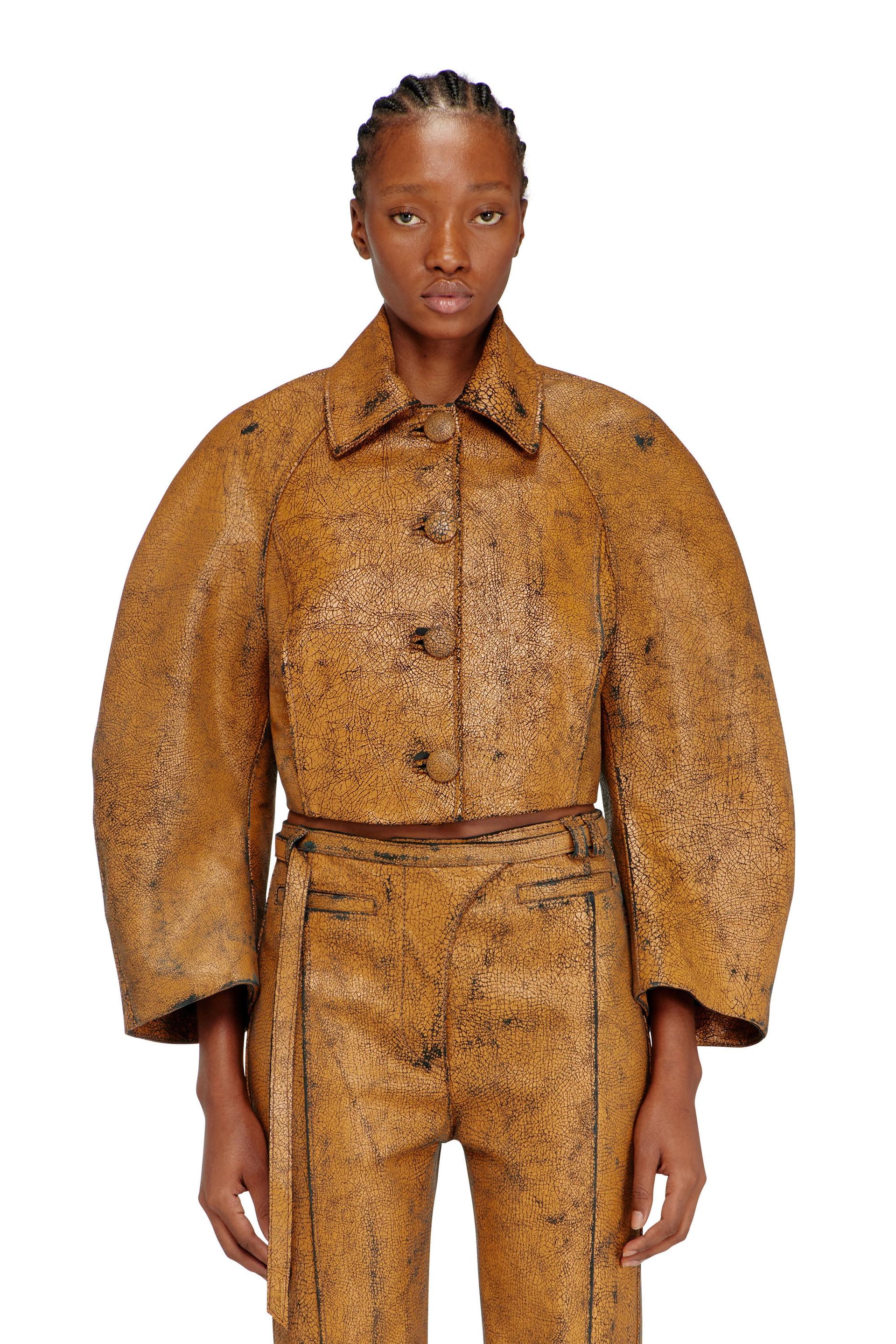 diesel - cropped cocoon jacket in crackle leather - leather jackets - woman - brown
