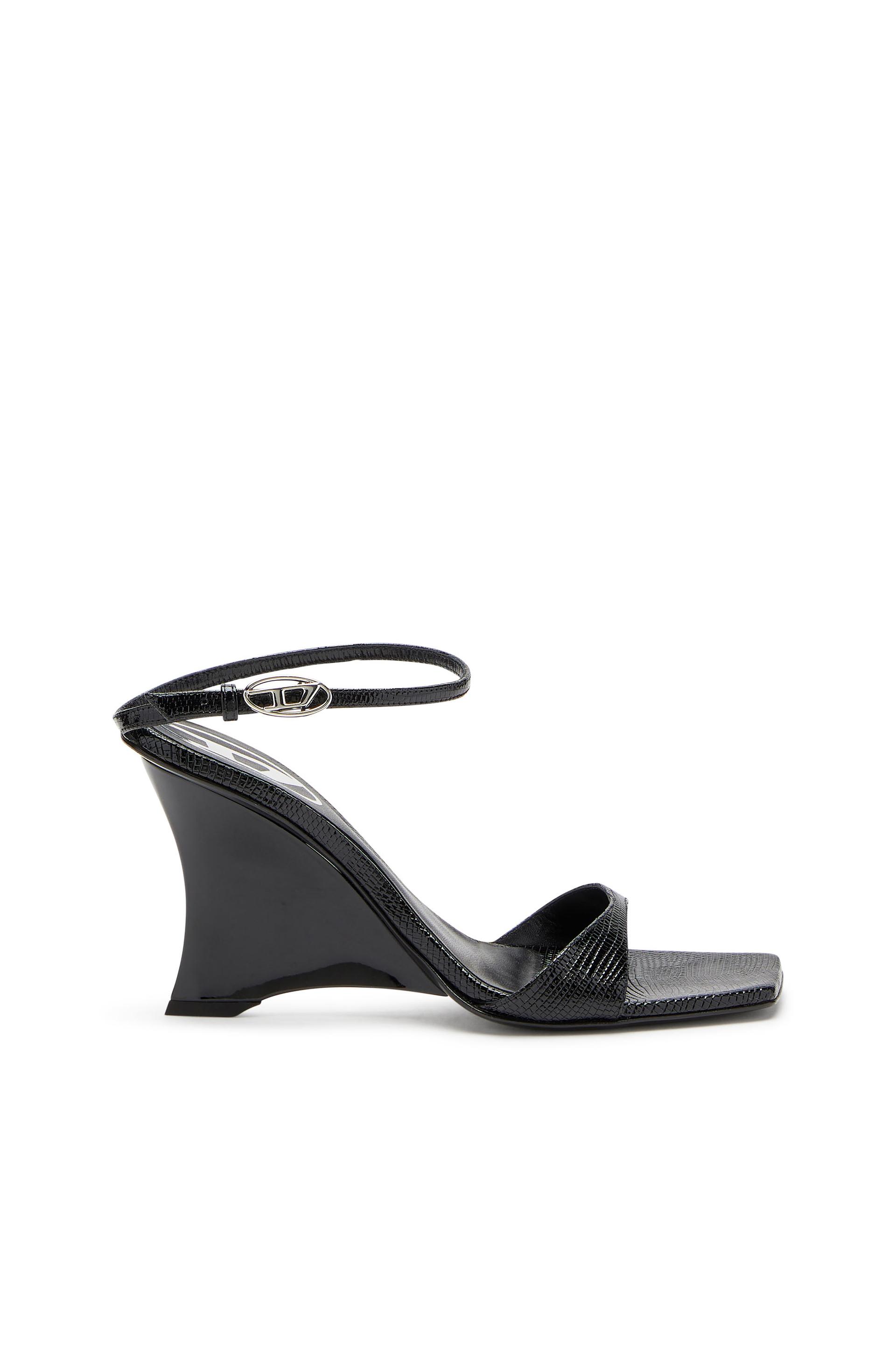 diesel - d-amber-wedge sandals in lizard-effect leather - sandals - woman - black