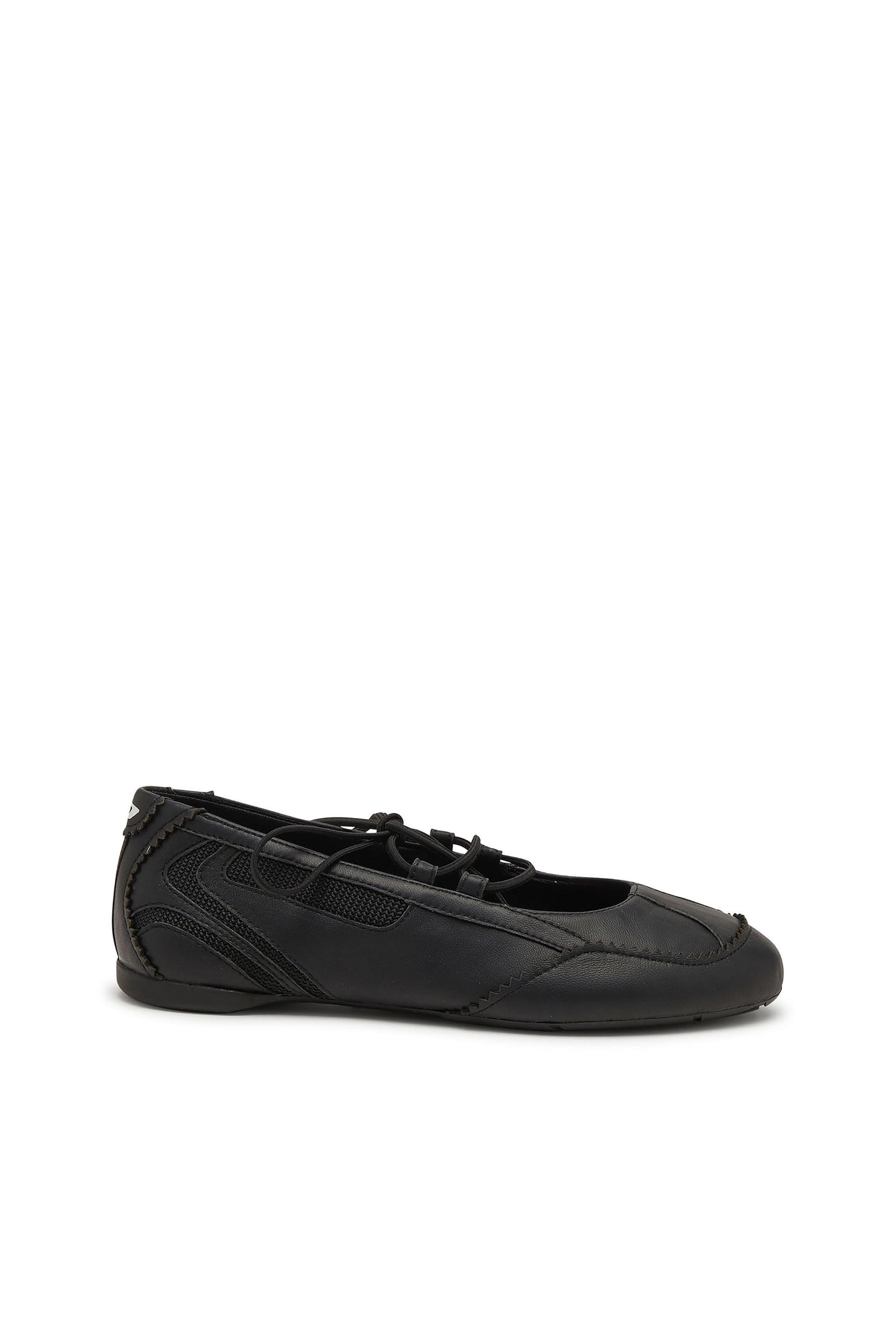 diesel - d-mile-lace-up ballet flats in leather and mesh - flats - woman - black