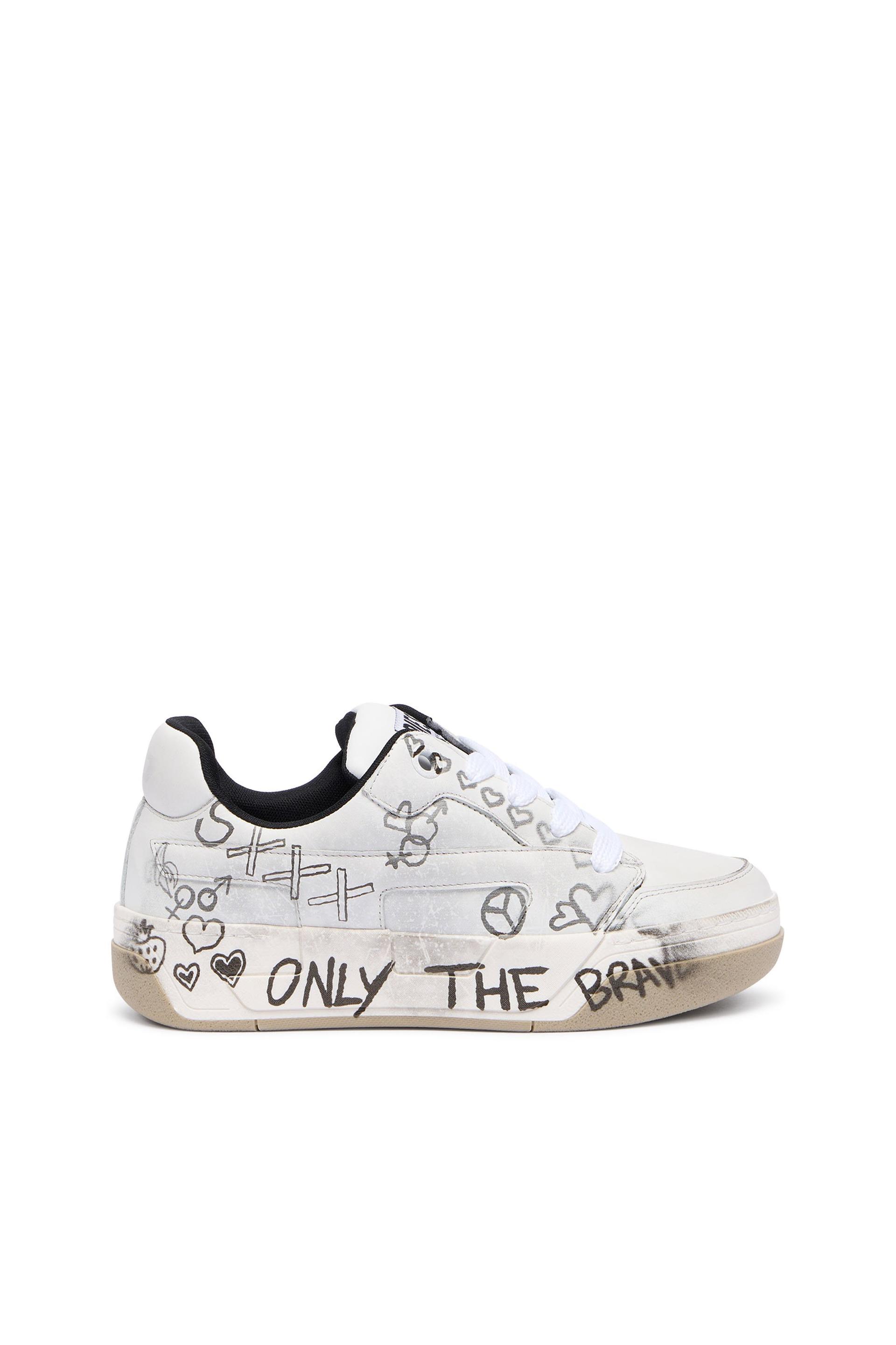 diesel - d-ollie-leather sneakers with graffiti print - sneakers - woman - white