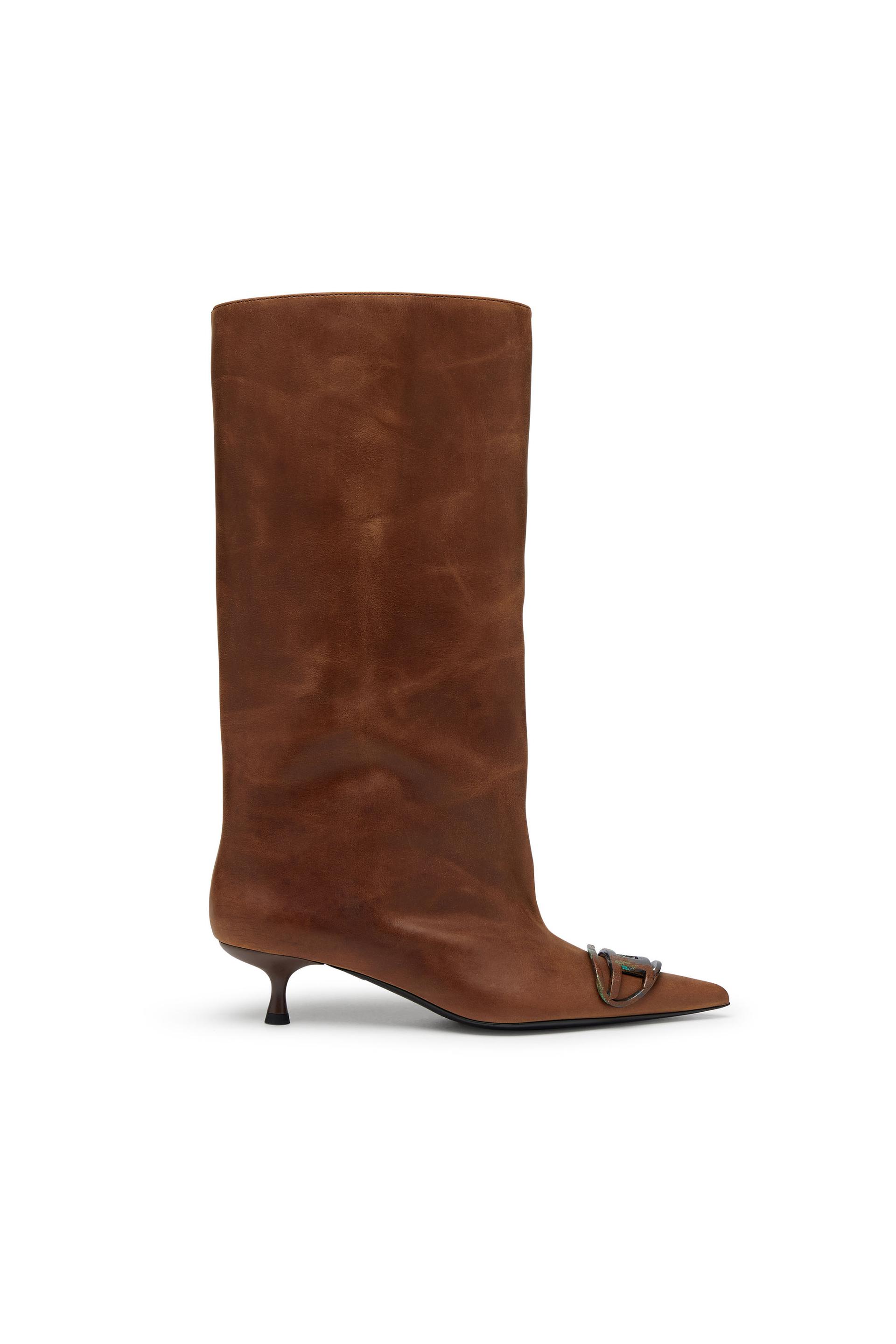 diesel - d-venus-knee-high boots in oiled leather - boots - woman - brown