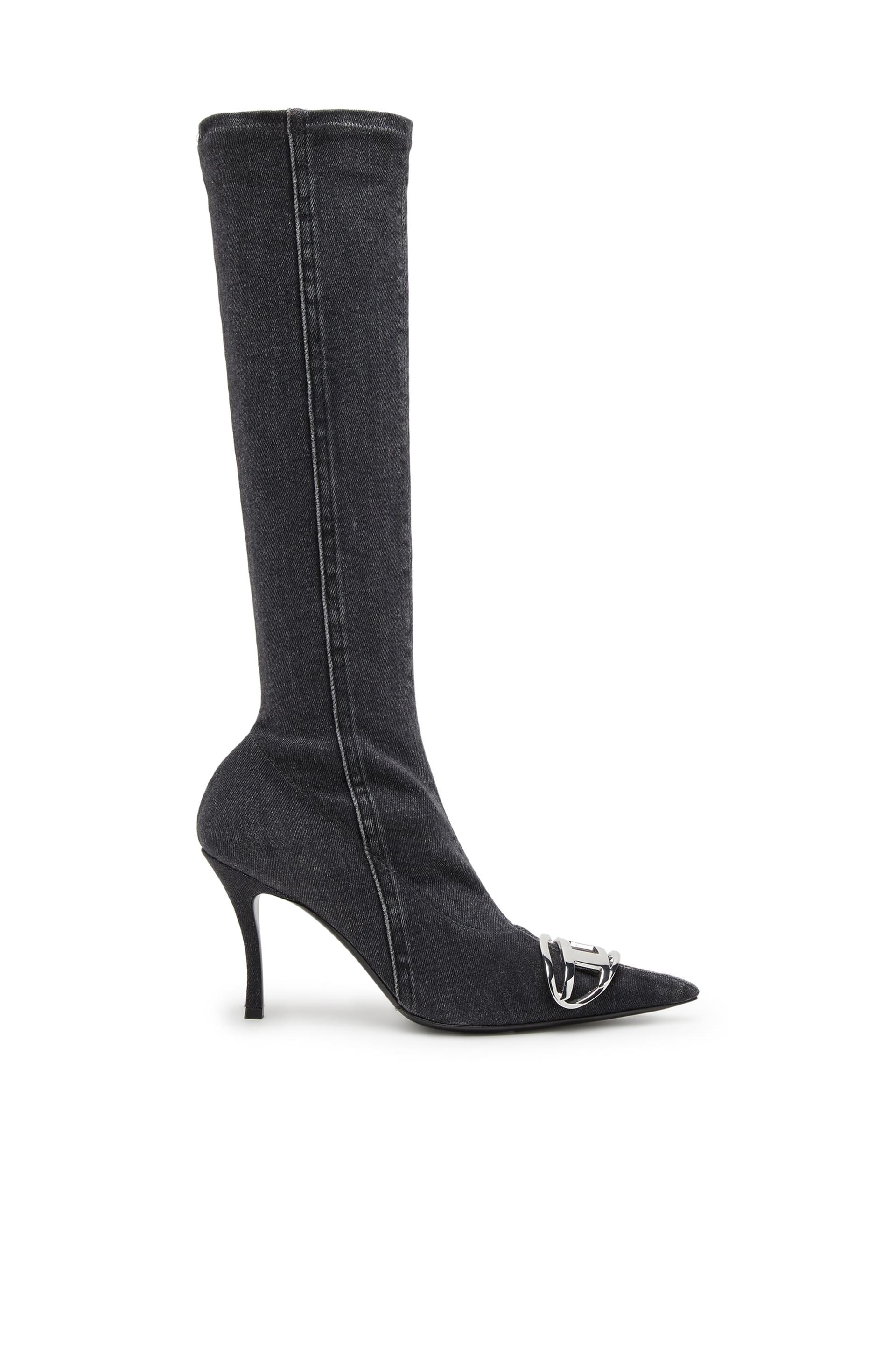 diesel - d-venus-knee-high boots in stretch denim - boots - woman - black