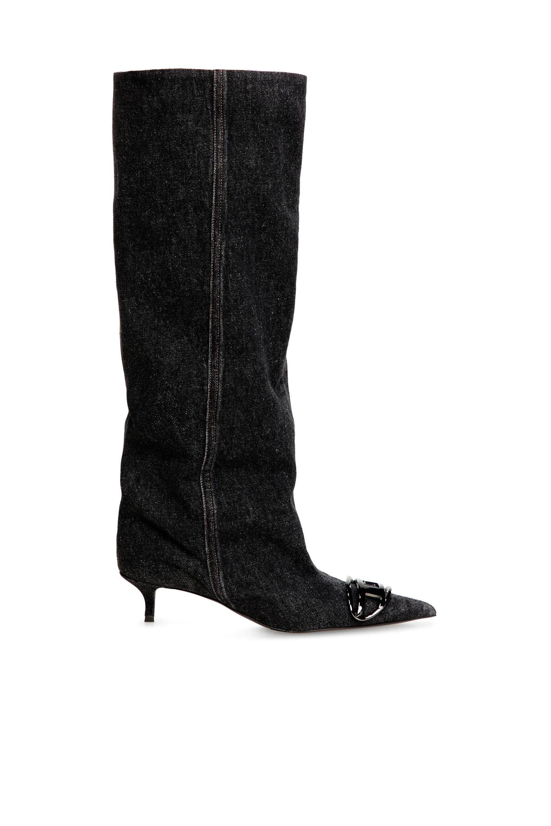 diesel - d-venus-slouchy knee-high boot in denim - boots - woman - black