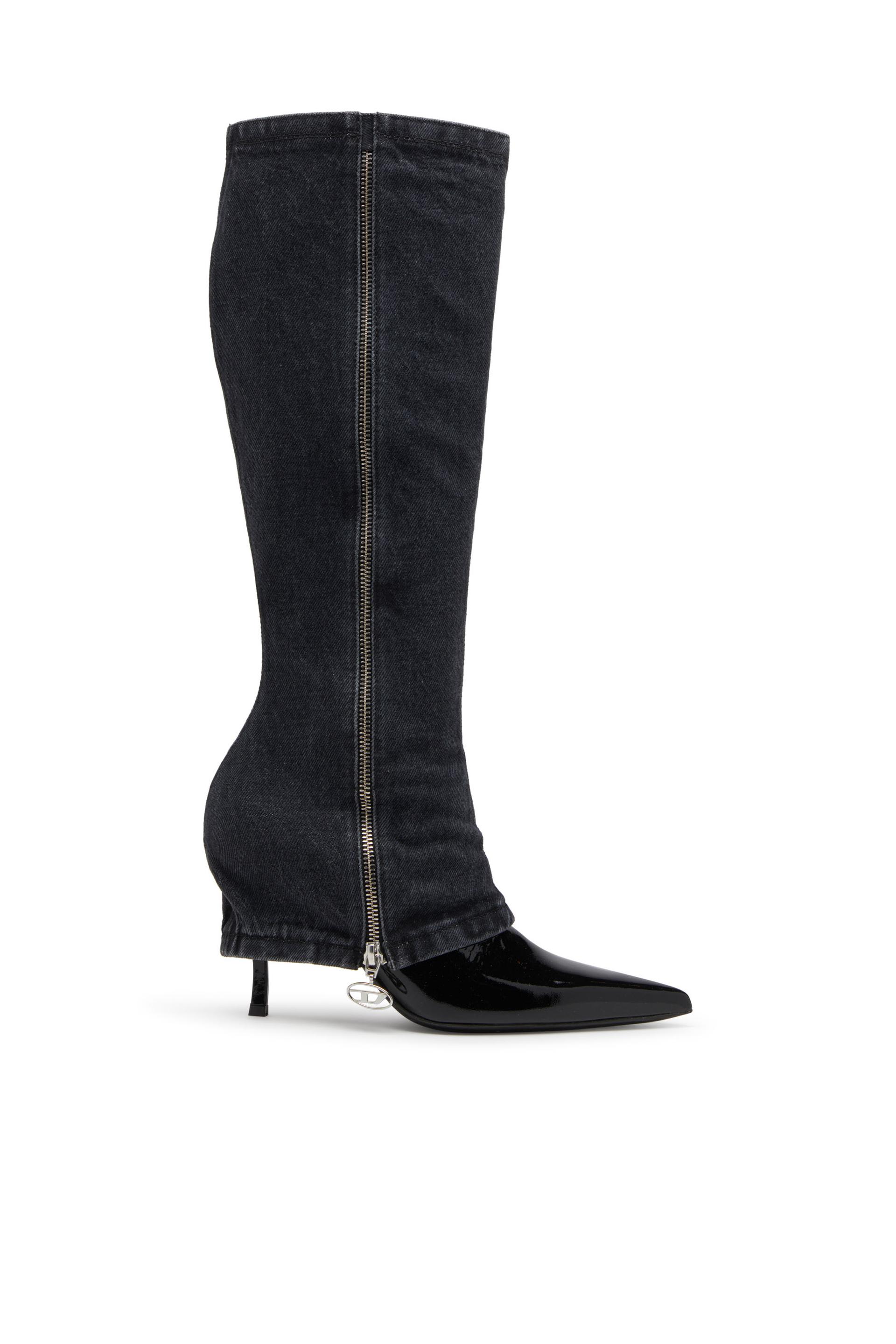 diesel - d-venus-stiletto knee boots with jean trompe l'oeil - ankle boots - woman - black