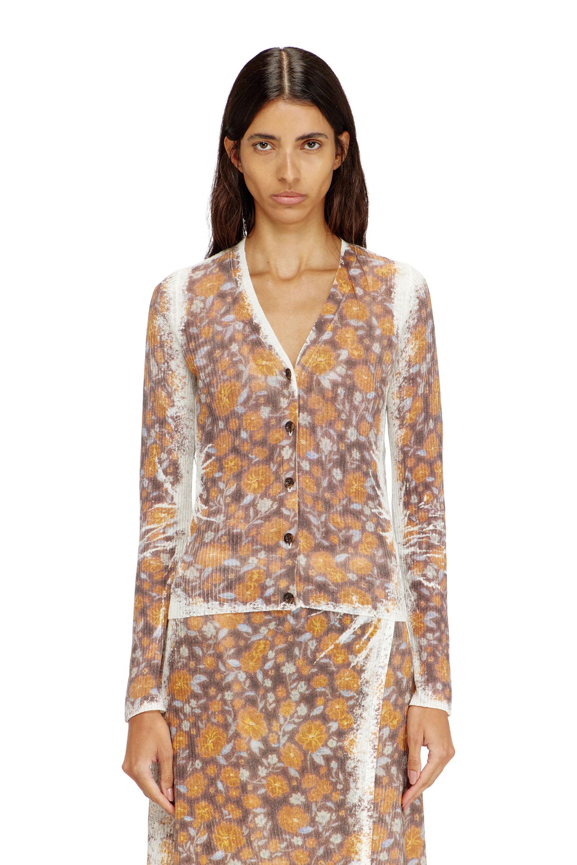 diesel - floral-print cardigan in linen knit - knitwear - woman - brown