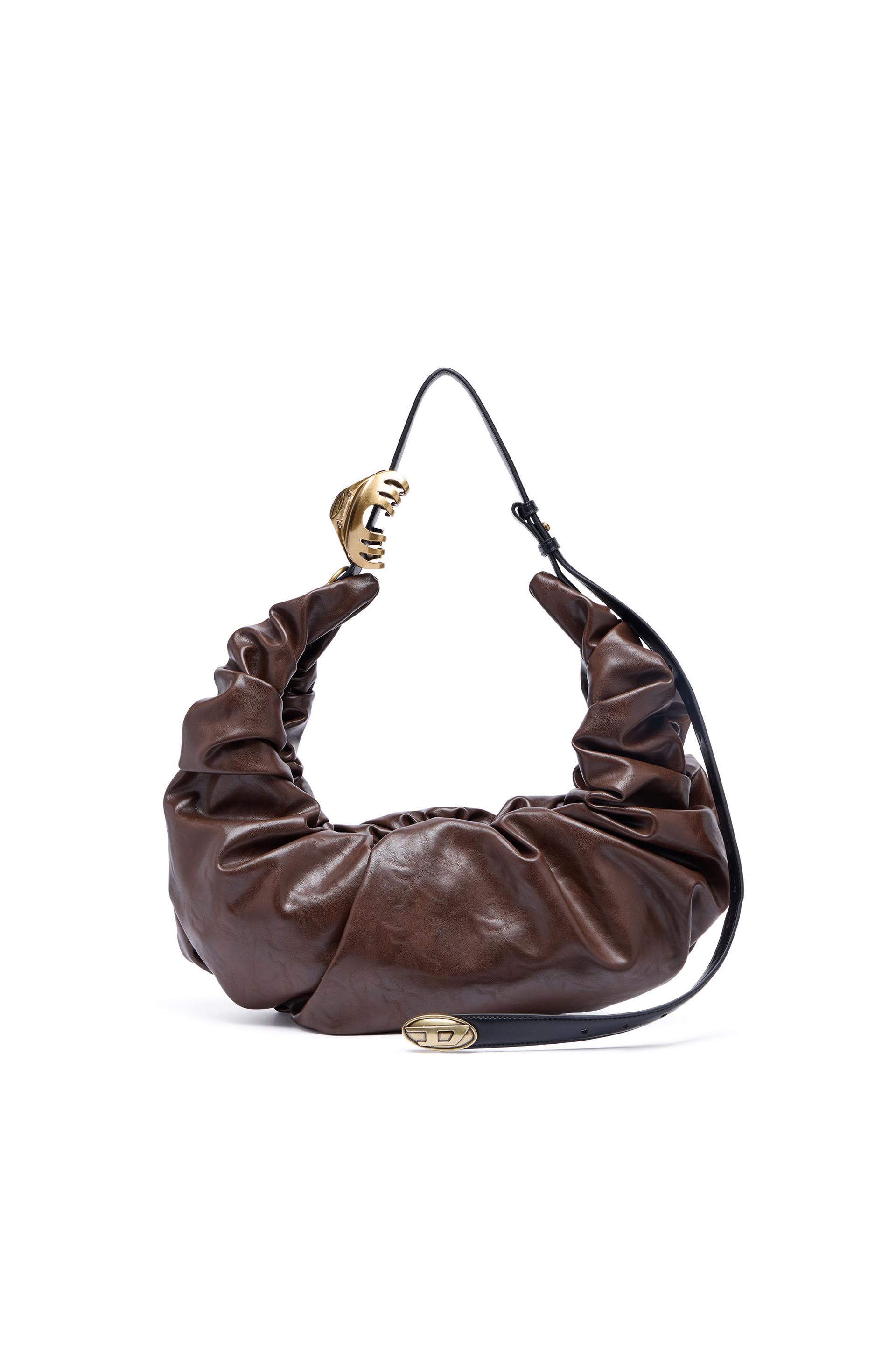 diesel - grab-d l-large scrunched hobo bag in shiny pu - shoulder bags - woman - brown