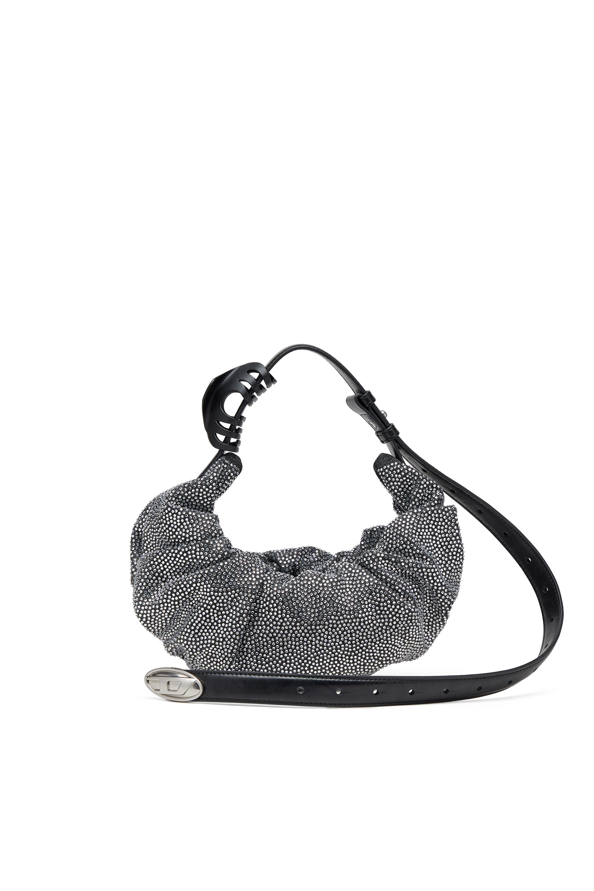 diesel - grab-d s-small scrunched hobo bag in crystal denim - shoulder bags - woman - black
