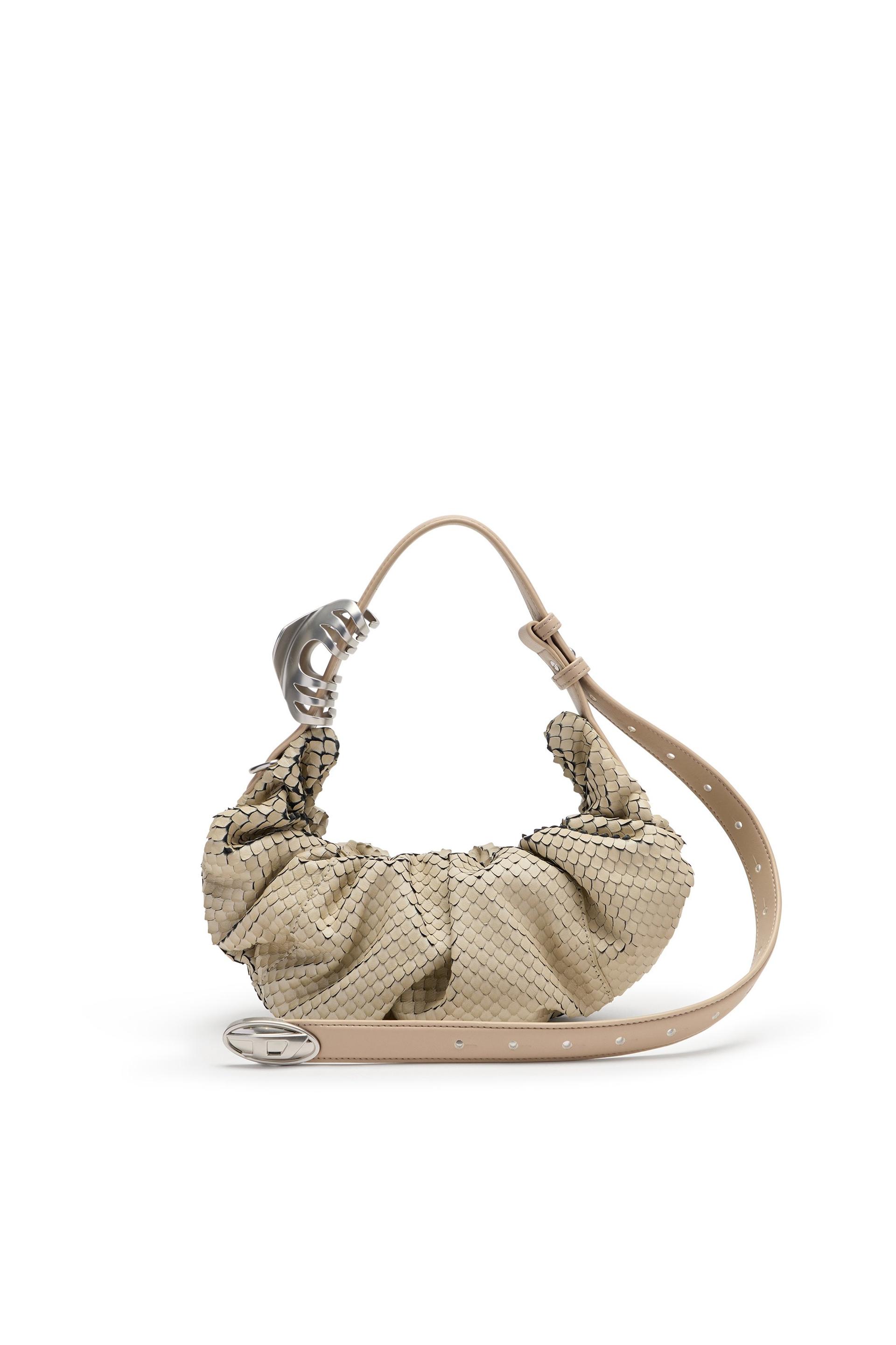 diesel - grab-d-scrunched hobo bag in textured leather - shoulder bags - woman - beige