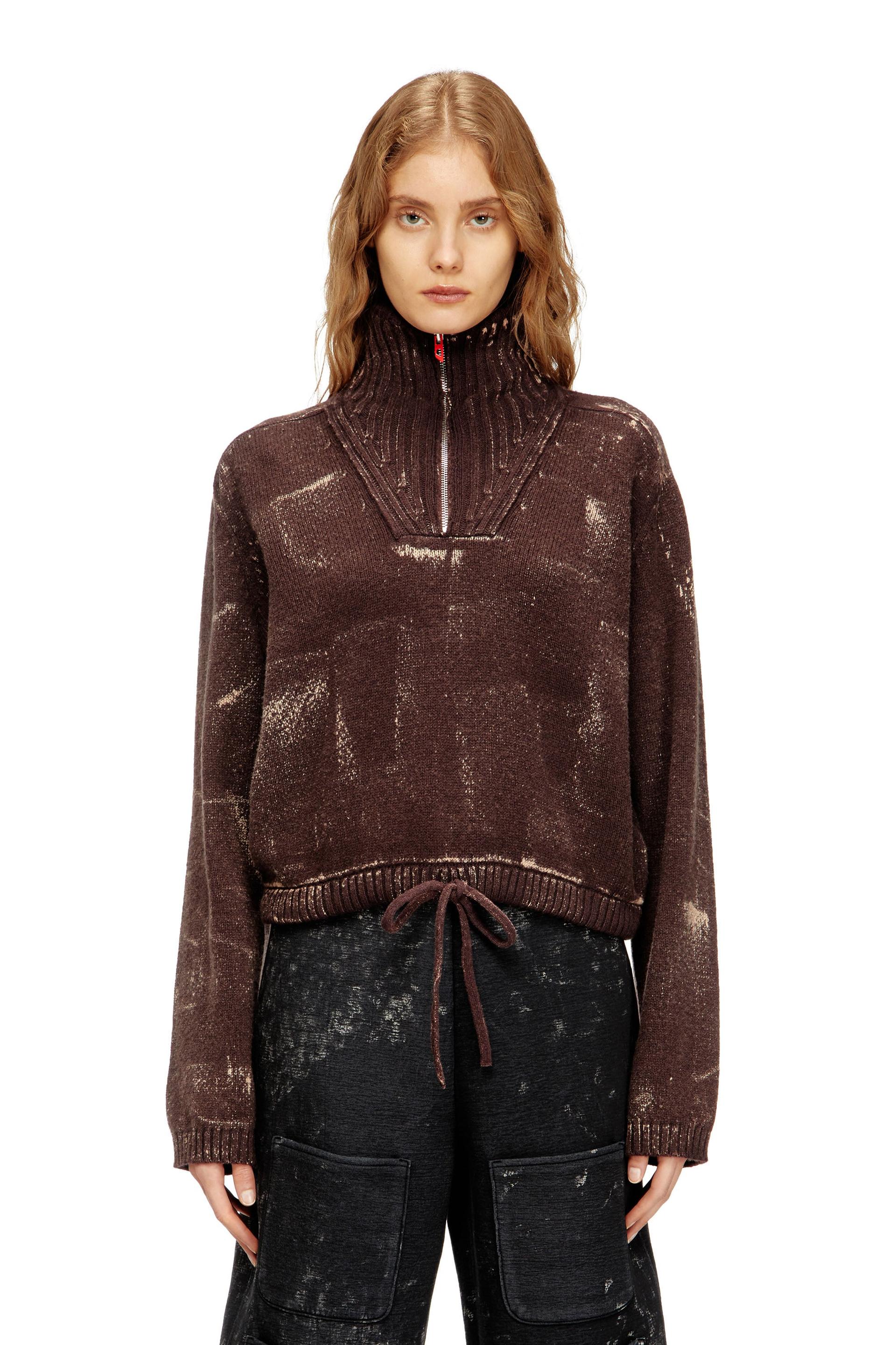 diesel - half-zip jumper with distressed effect - knitwear - woman - brown