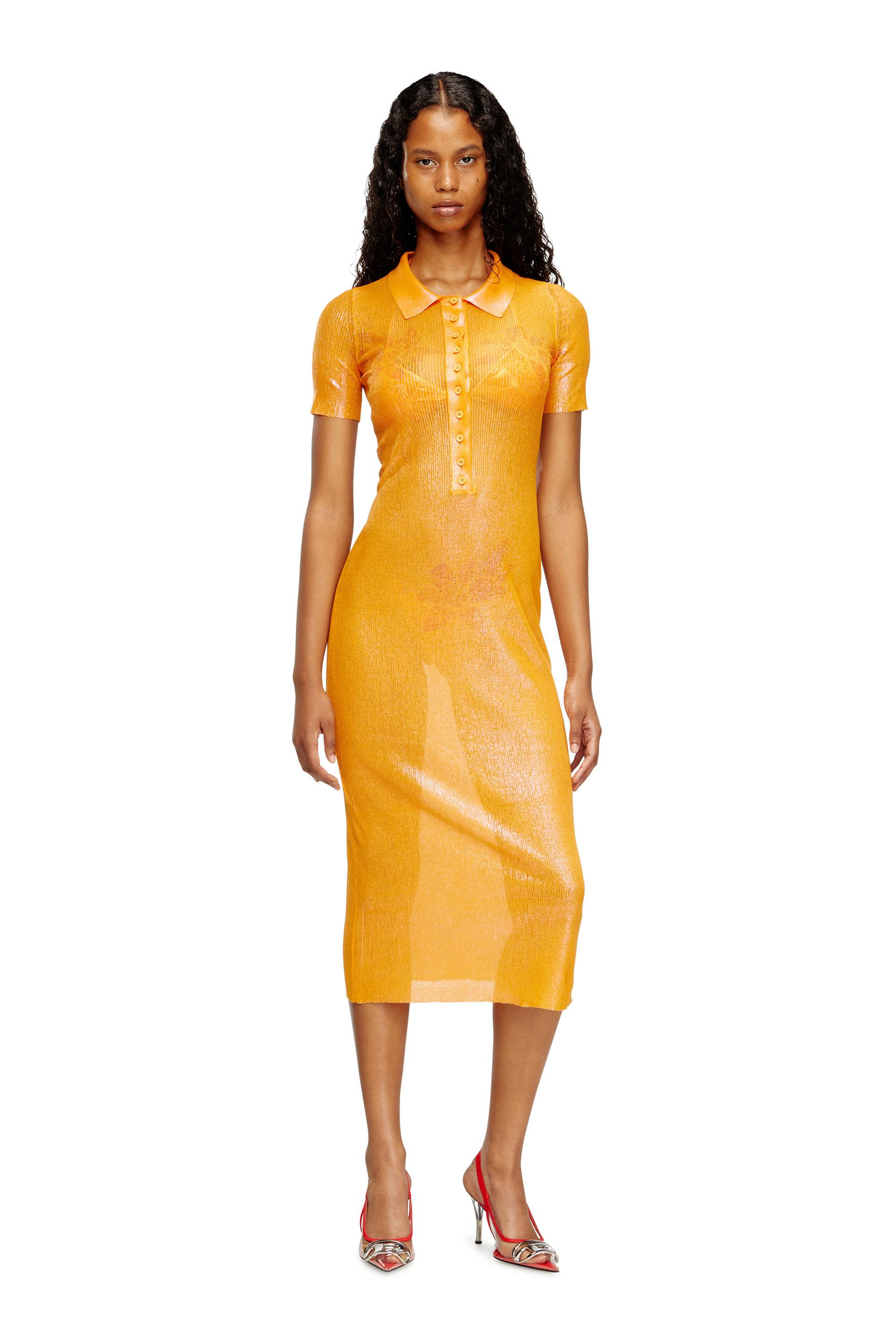 diesel - iridescent knit polo dress with lotus print - dresses - woman - orange