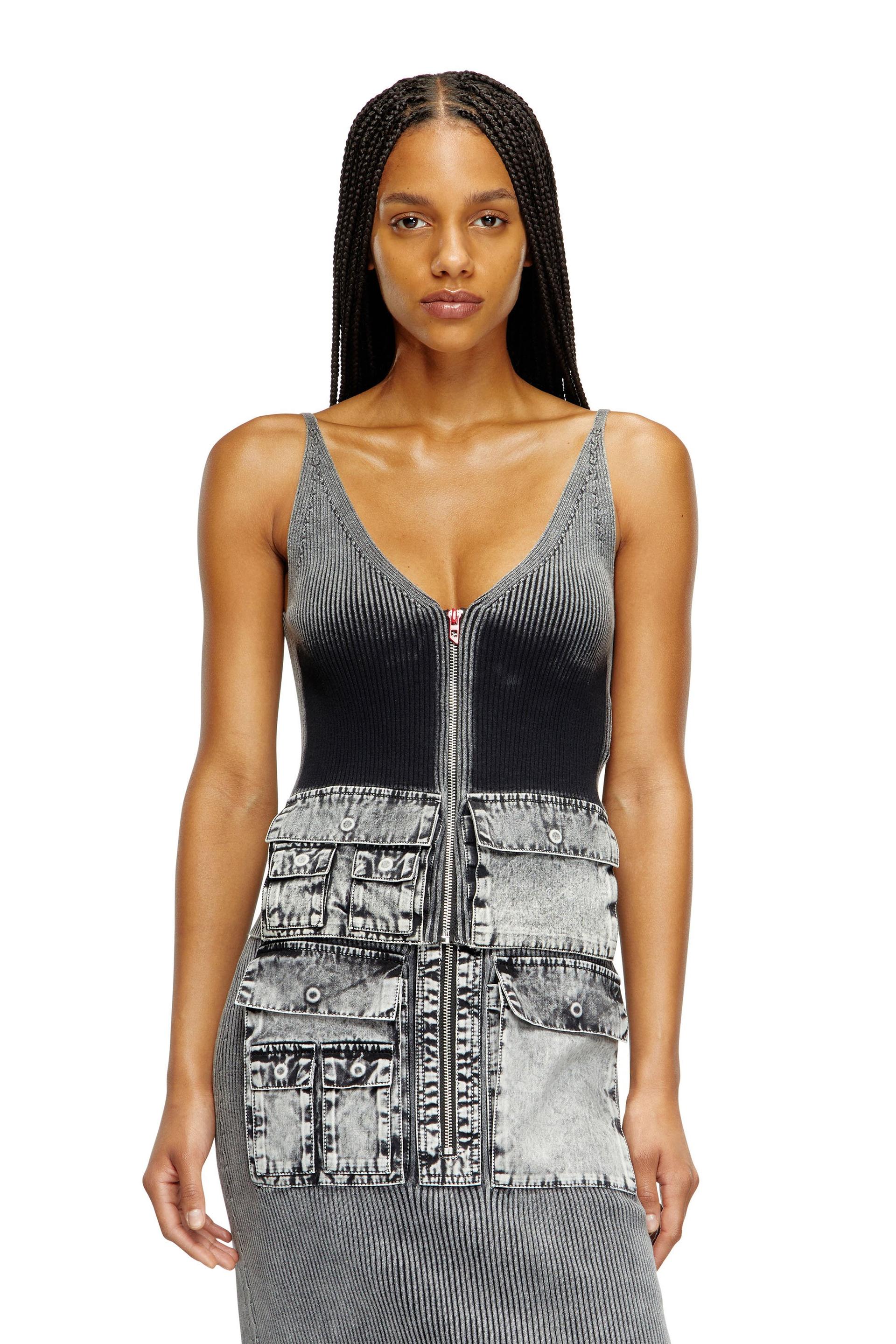 diesel - knit tank top with denim cargo pockets - tops - woman - grey