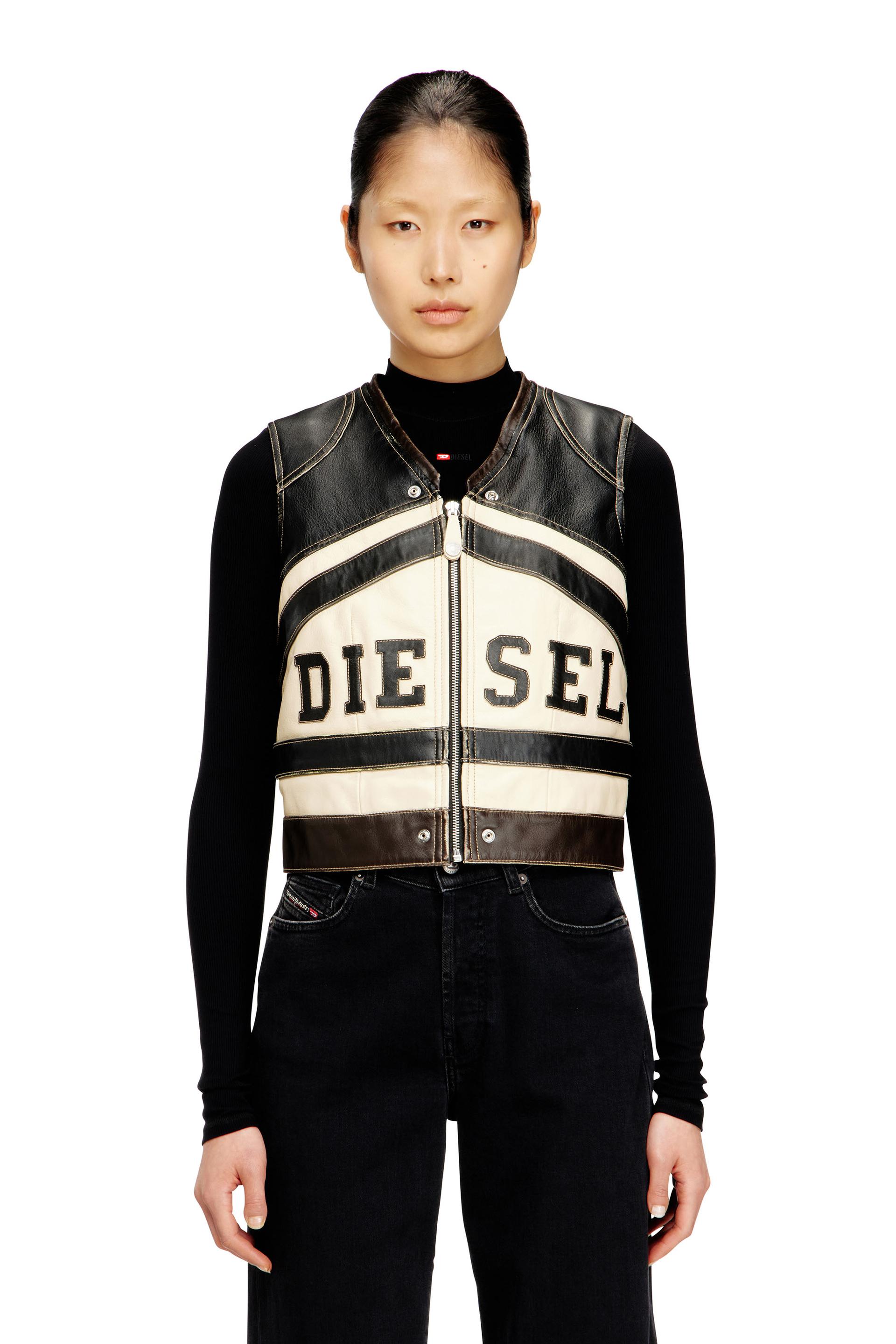 diesel - leather vest with front logo and contrast stripes - vests - woman - multicolor
