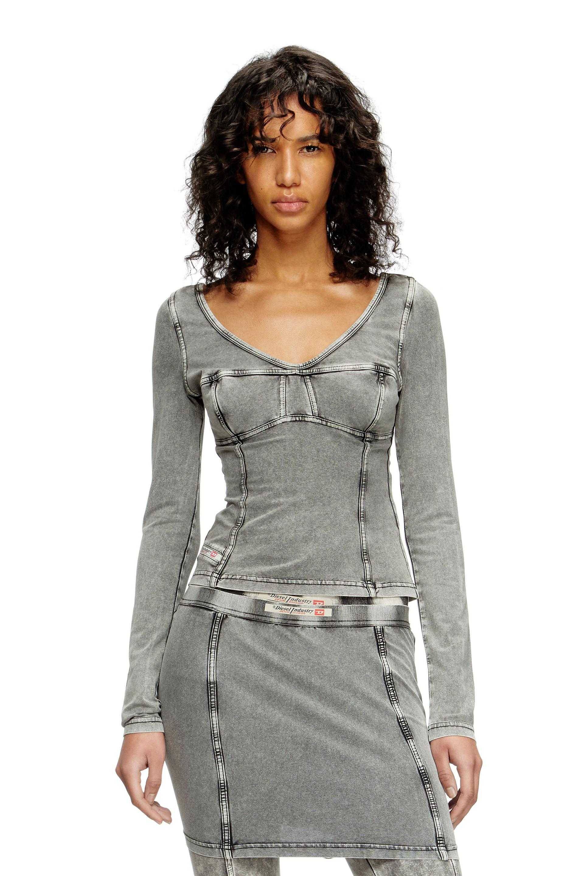 diesel - long-sleeve top with denim effect - t-shirts - woman - grey
