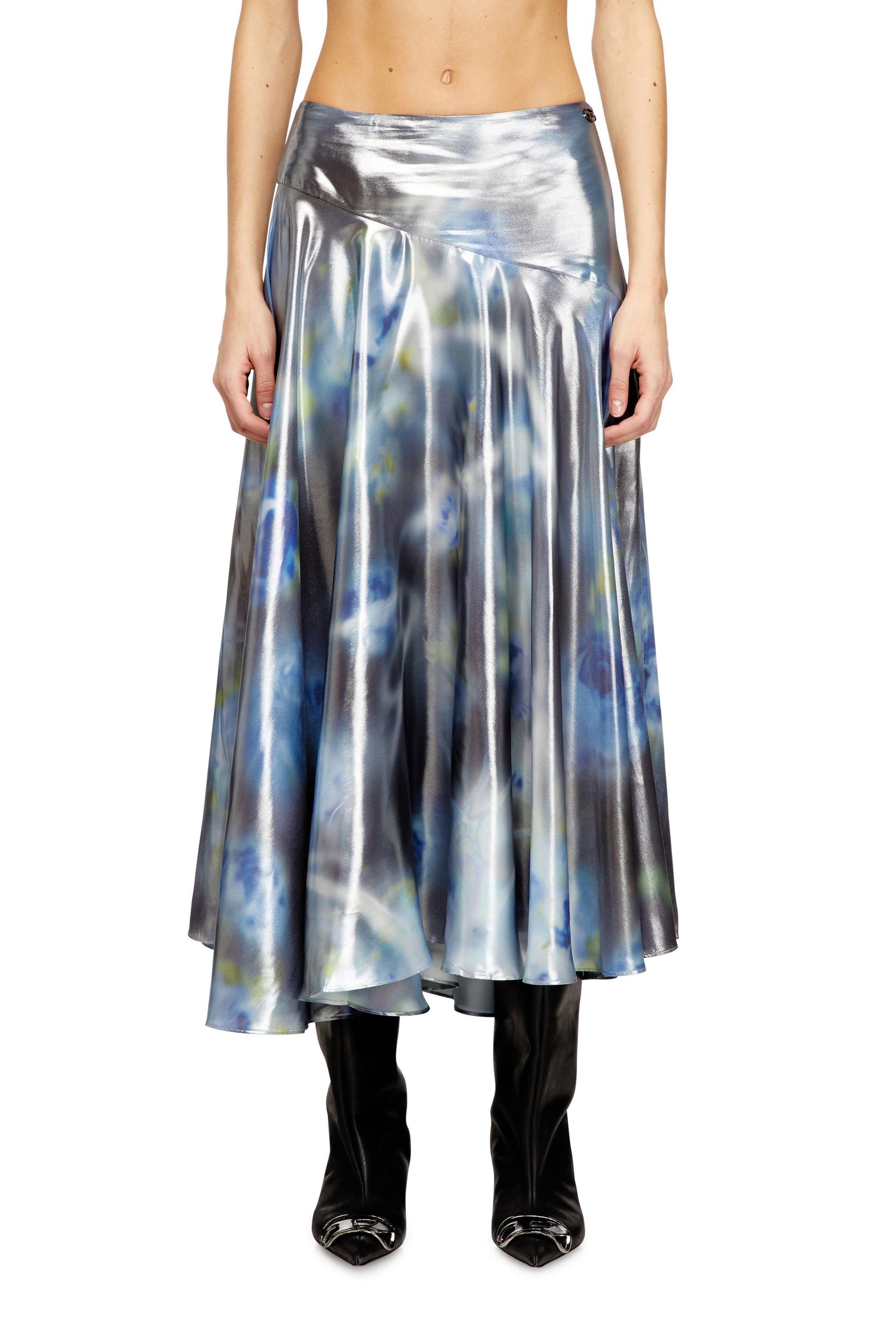 diesel - metallic midi skirt with blurred rose print - skirts - woman - blue