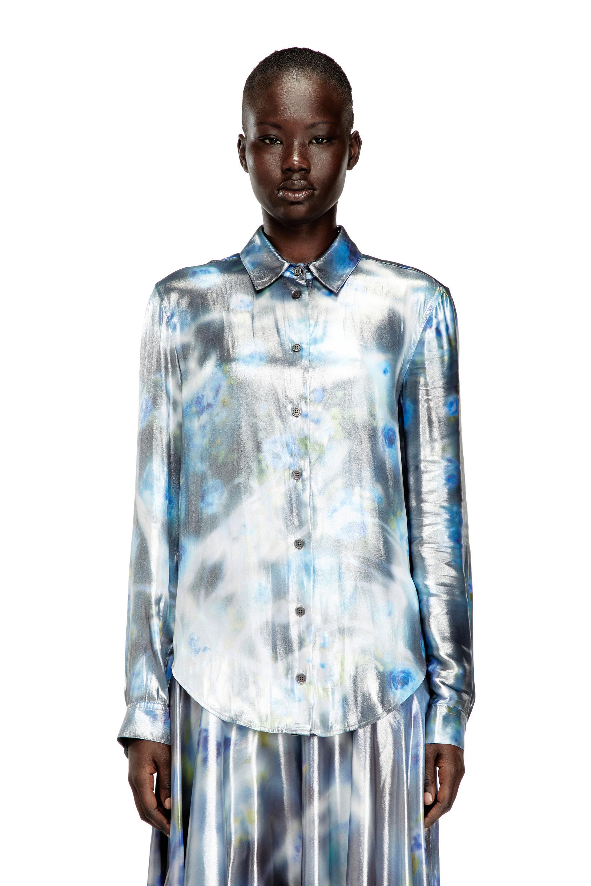 diesel - metallic shirt with blurred roses print - shirts - woman - blue