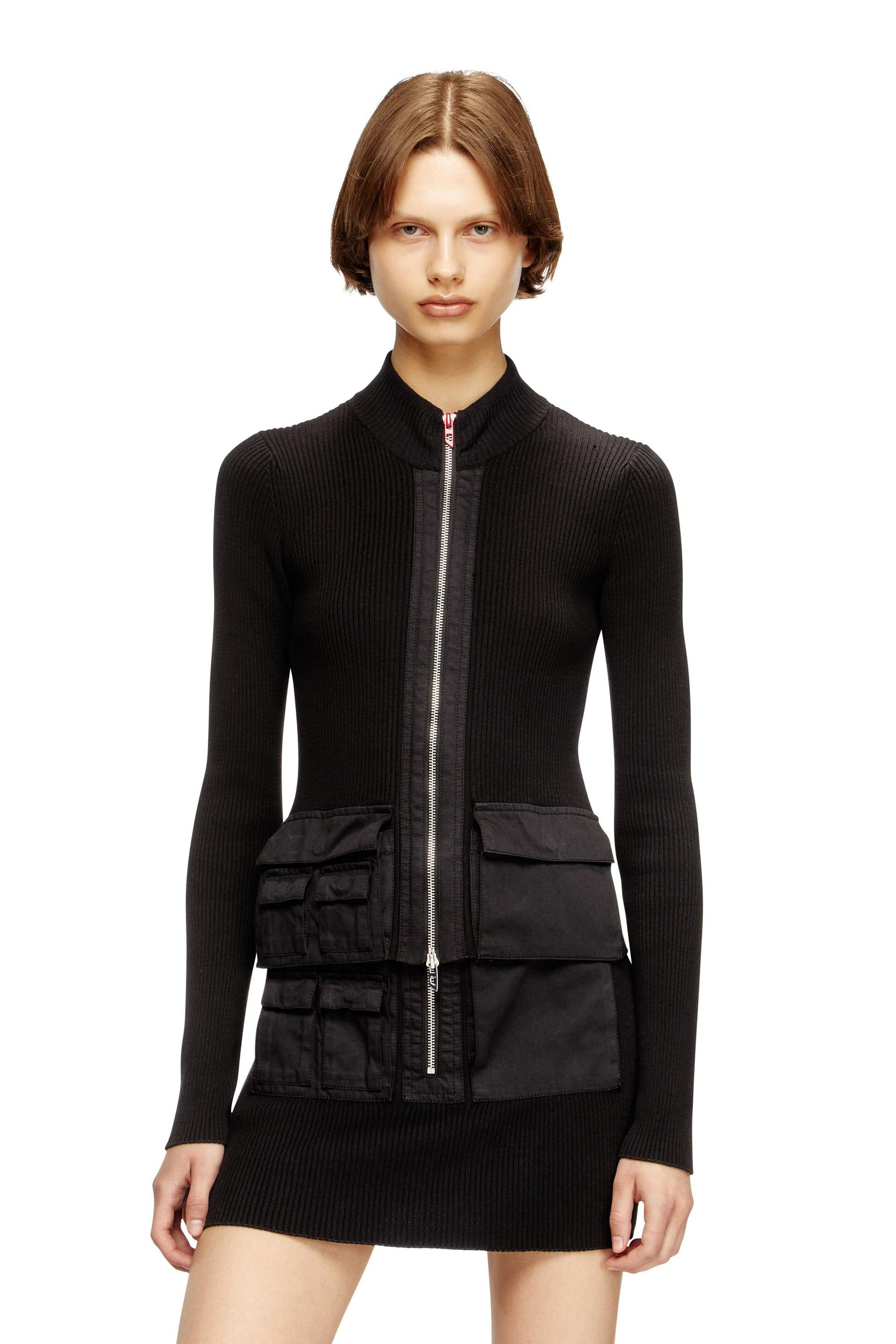 diesel - ribbed cardigan with cargo pockets - knitwear - woman - black