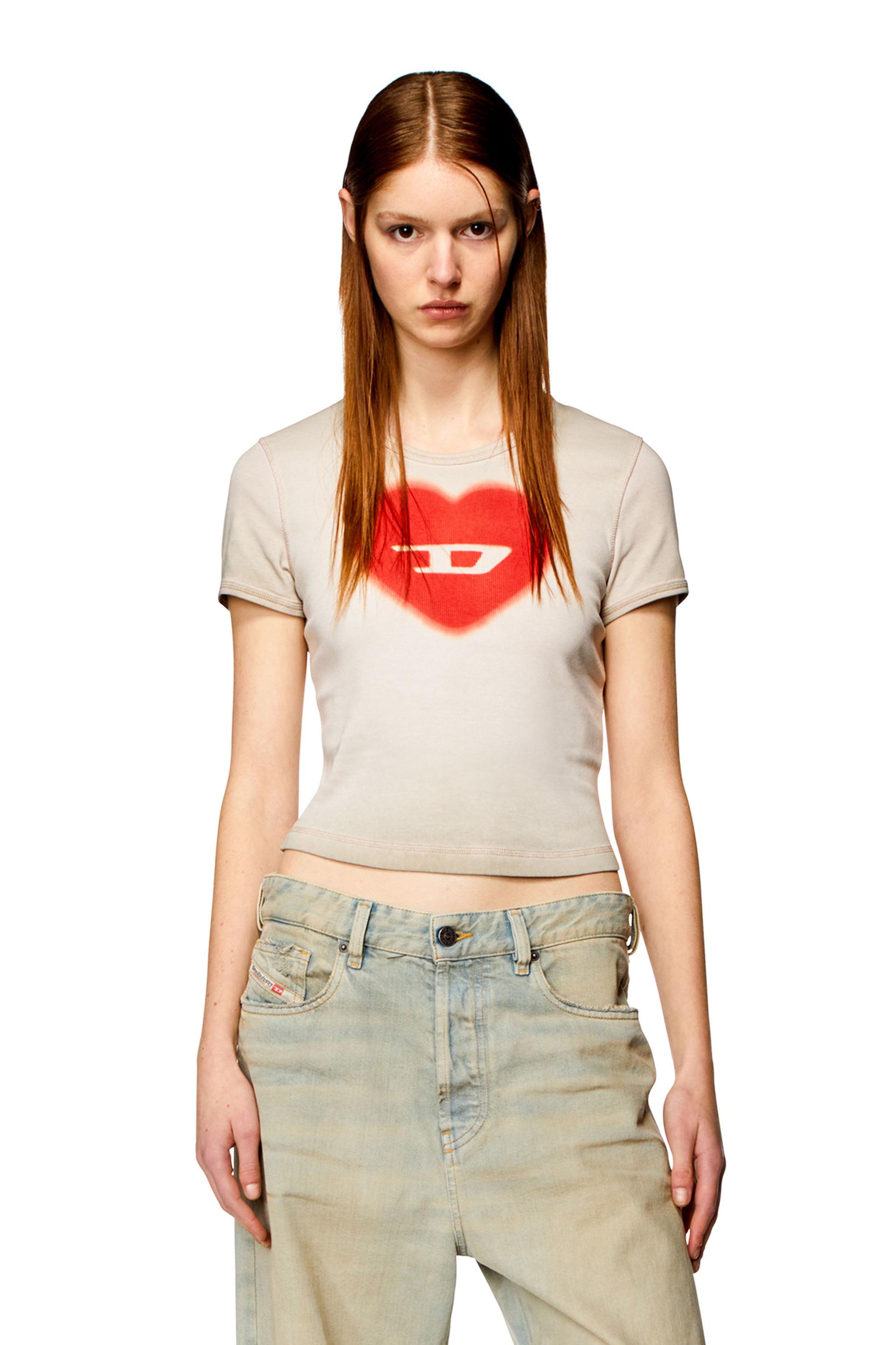 diesel - ribbed t-shirt with watercolour heart d - t-shirts - woman - beige