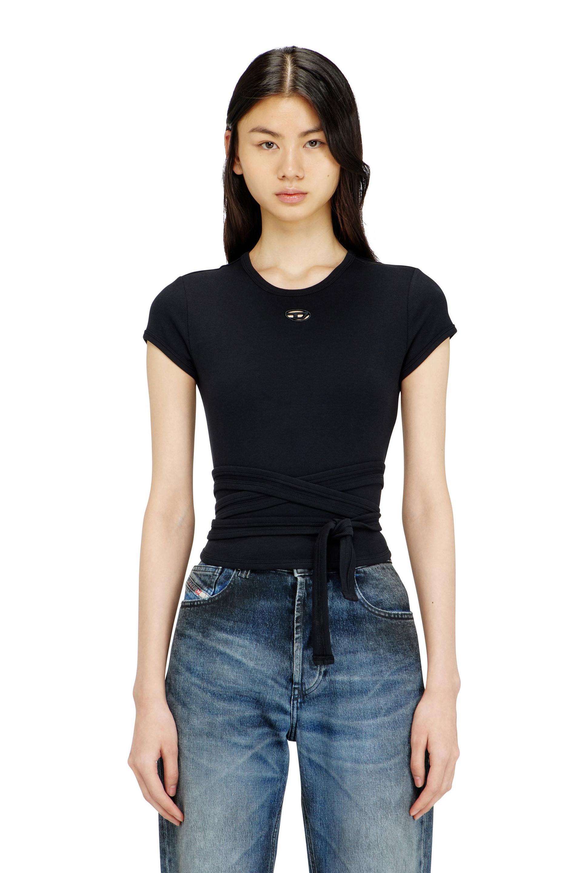 diesel - ribbed t-shirt with wrap-around laces - t-shirts - woman - black