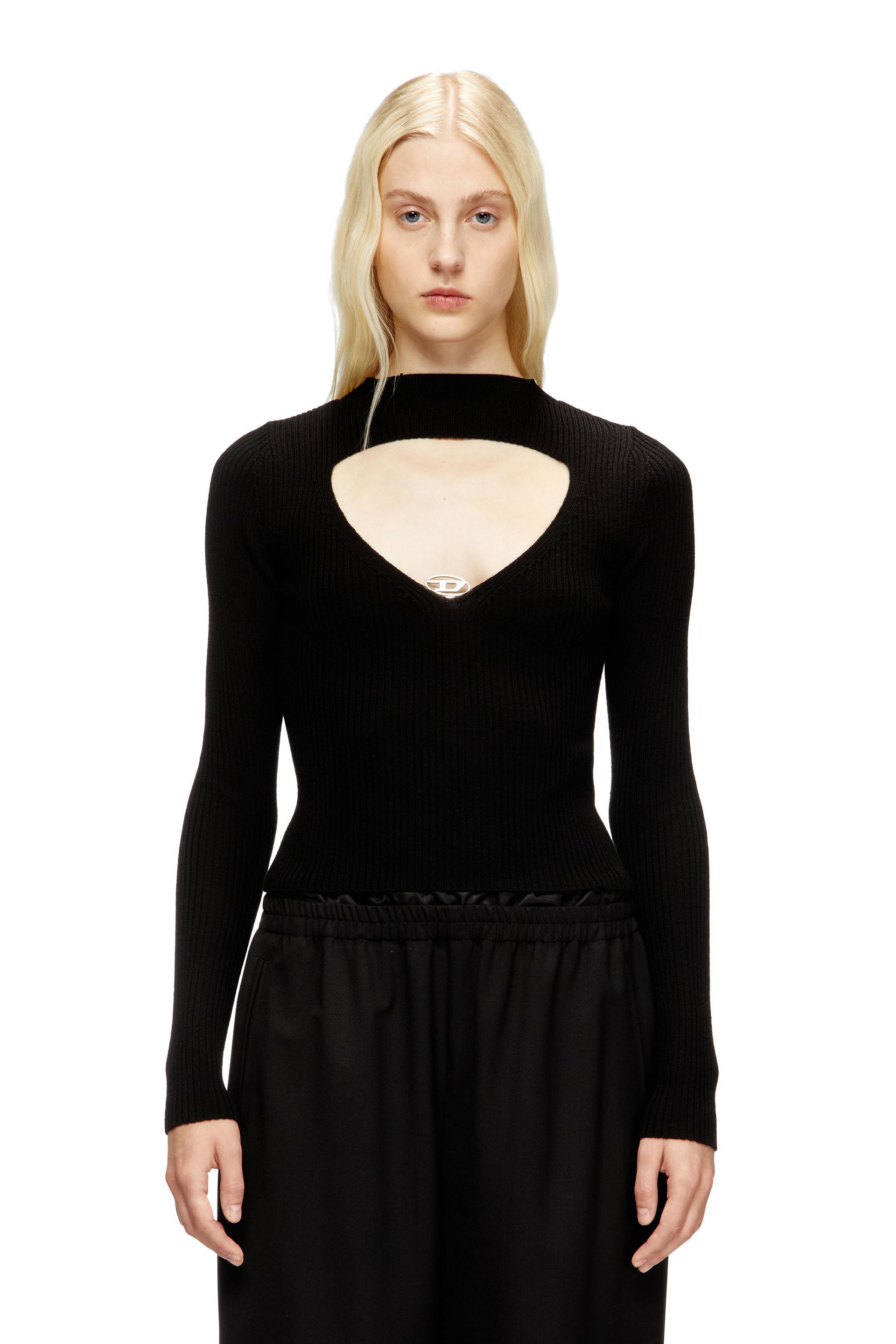 diesel - ribbed wool jumper with cut-out - t-shirts - woman - black