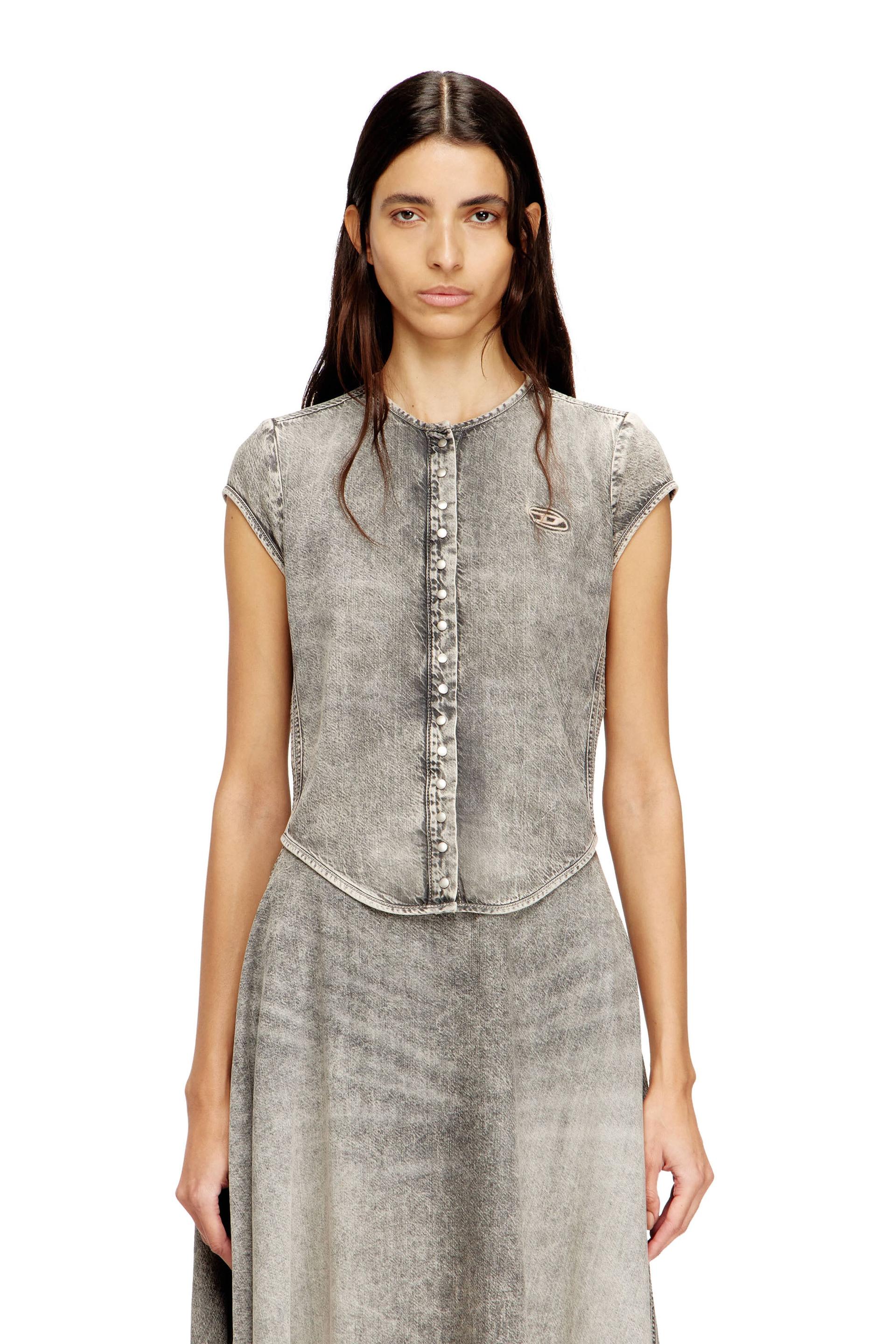 diesel - short-sleeve denim shirt with athletic stripes - denim shirts - woman - grey