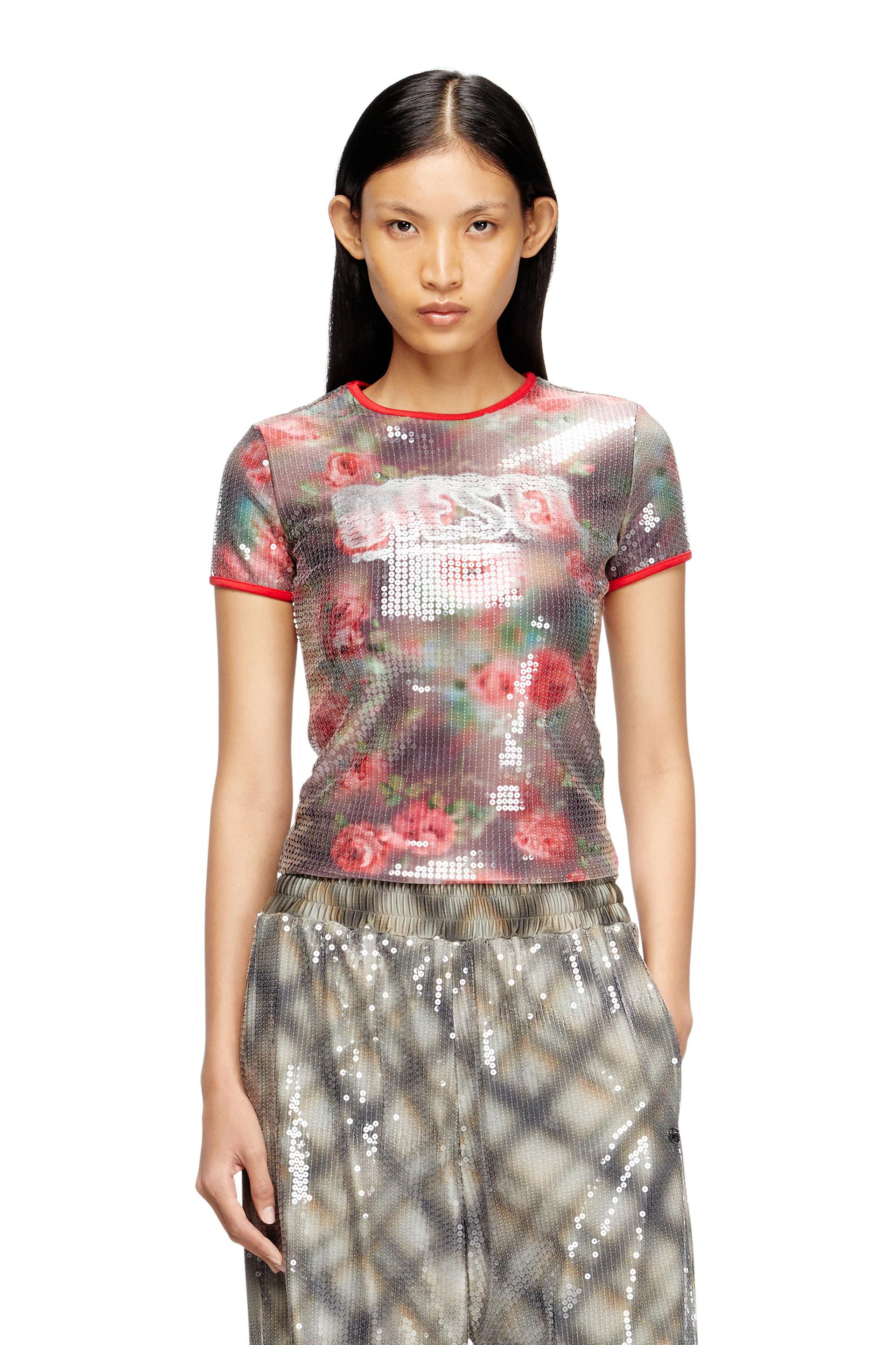 diesel - skinny floral print jersey top with sequins - t-shirts - woman - multicolor