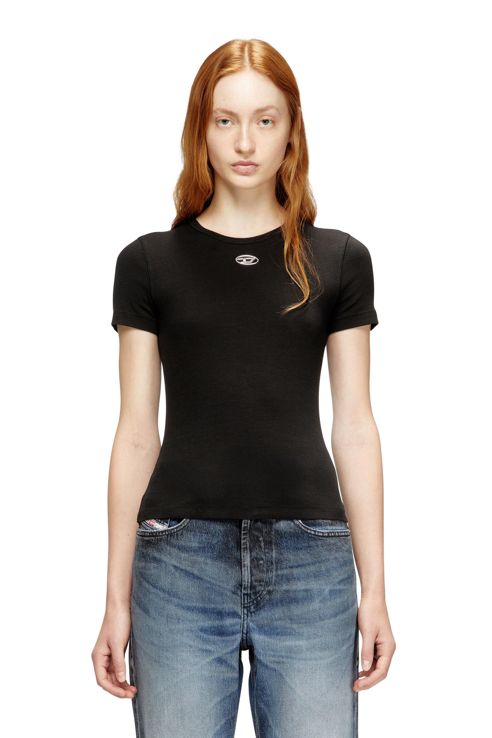diesel - slim ribbed t-shirt with metallic oval d - tops - woman - black